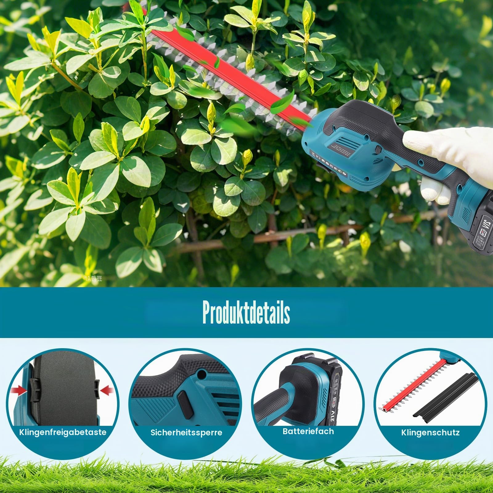 Akku Heckenschere 21V Elektrische Heckenschere Akku Grasscheren, 2 in 1 Schnurlose Grasschere und Heckenschere, Elektrogartenscheren mit 1500mAh*2 Wiederaufladbaren Batterien,Klingen und Adapter
