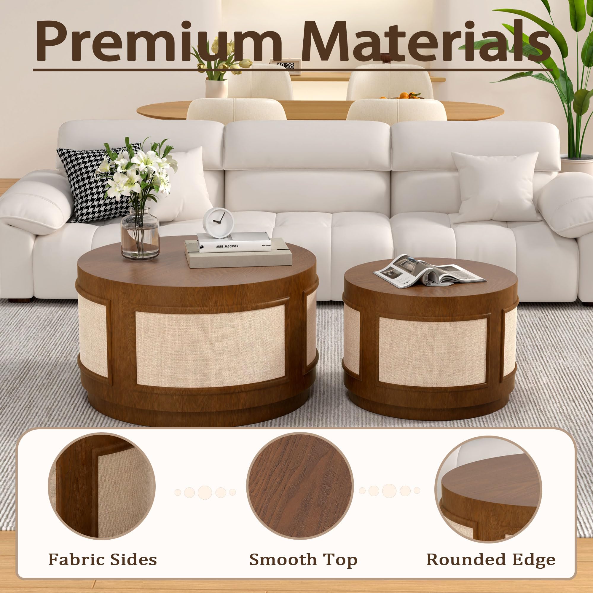 Modern Round Nesting Coffee Table Set, Round Mid-Century Coffee Table with Fabric Accent, Circle Drum Center Table for Apartment Small Space, Easy Assembly