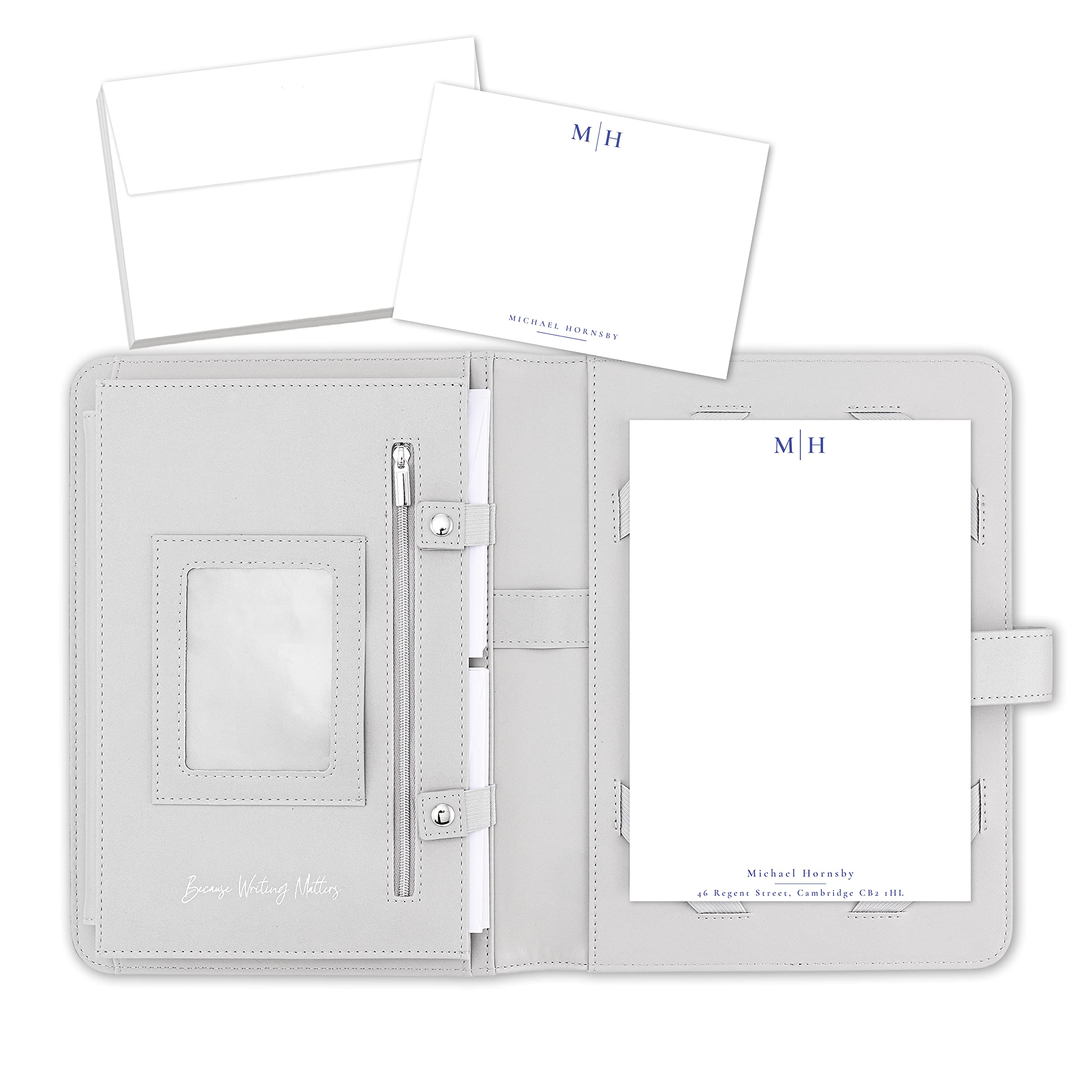Me Loovely Classic Design Personalised Stationery Gift Set with Flat Notecards Letter Writing Paper and Envelopes | (20 Letters, 10 Cards & 30 Envelopes with Grey Organiser)