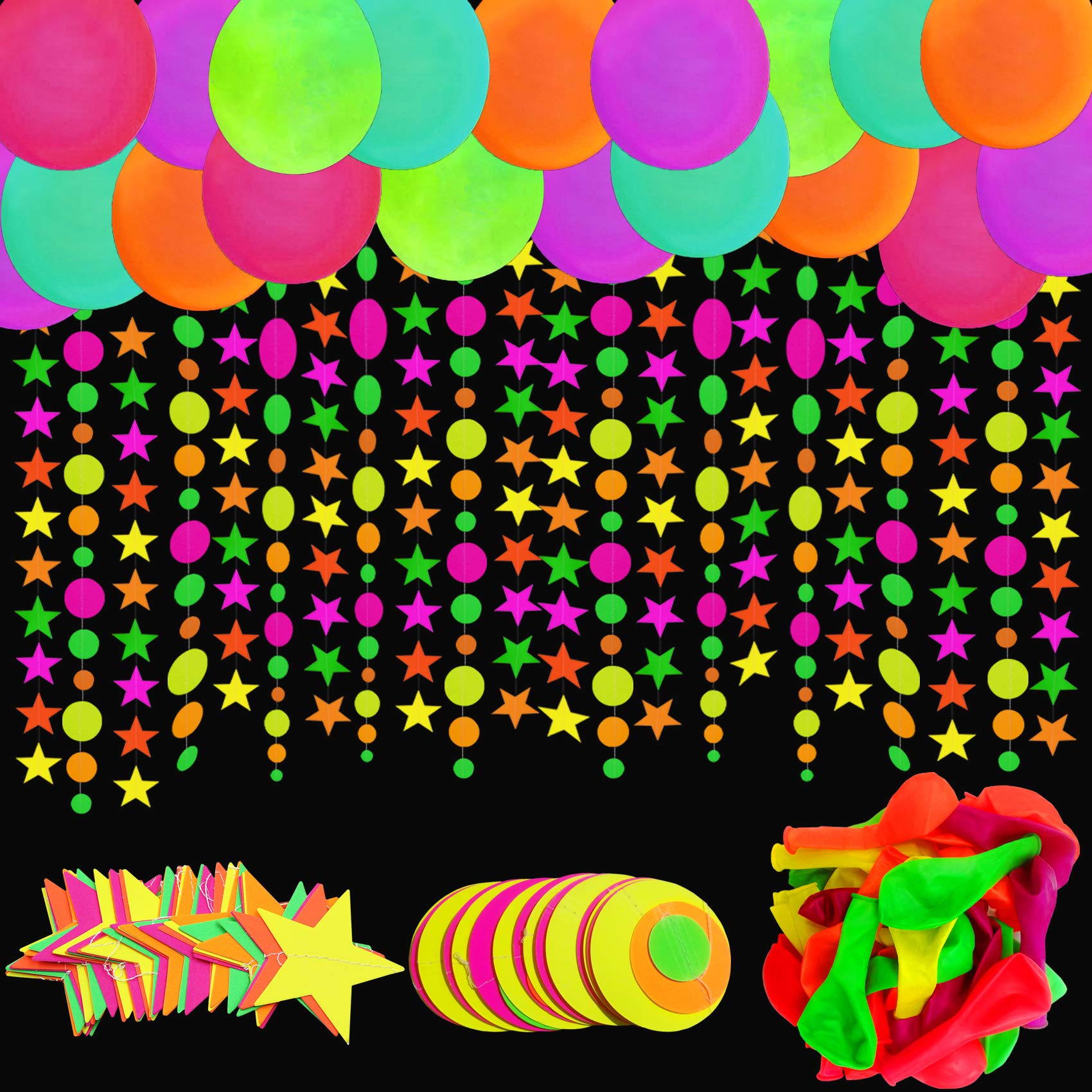 MLOLM Neon Glow Party Balloons, UV Blacklight Reactive Fluorescent Balloons 30 pcs,10 inch Latex Balloons,45 pcs Neon Round Dot,40 pcs Glow Stars,Black Light Balloons for Birthday Decorations Wedding