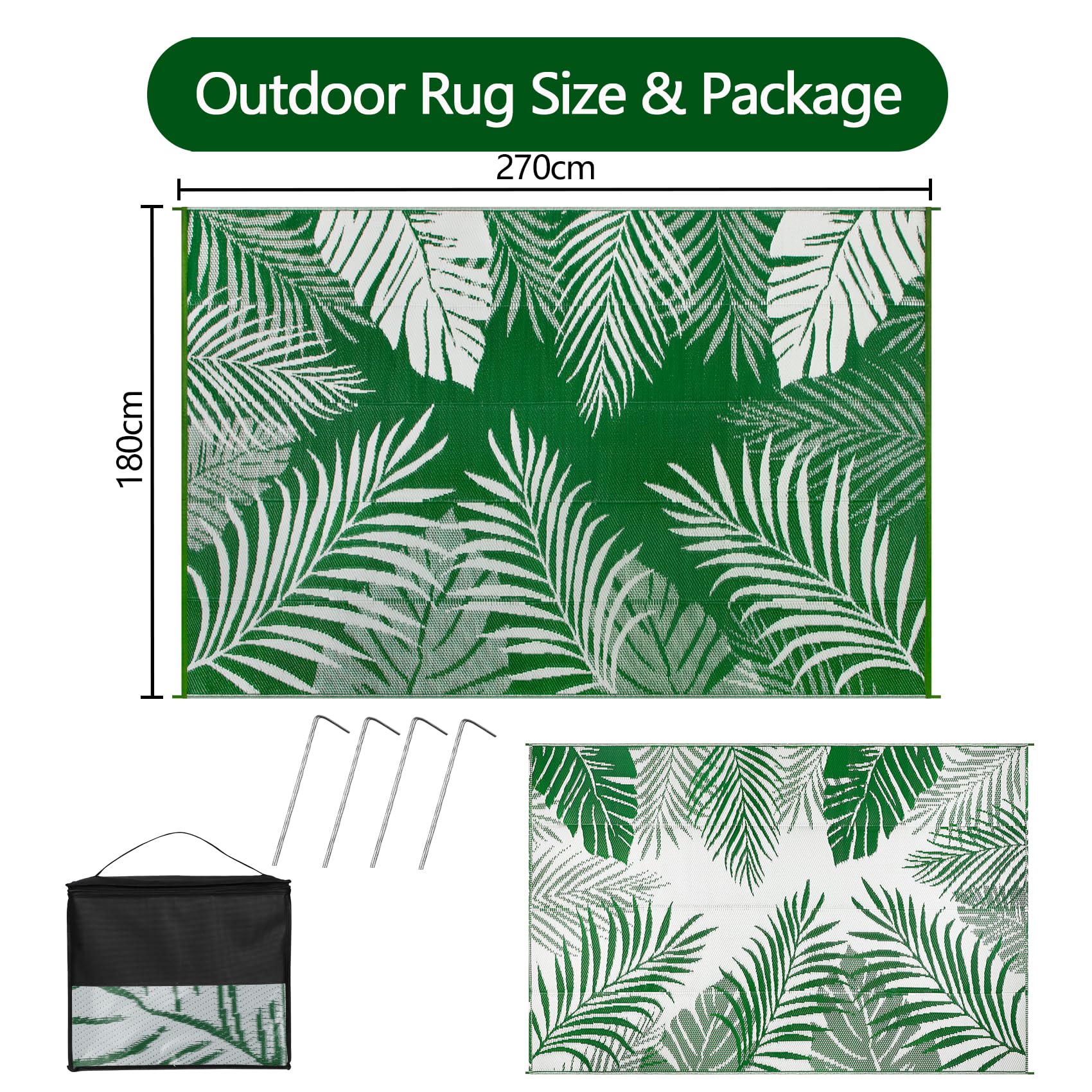 Cekene Alfombra Exterior Impermeable Verde 180x270cm Grande Alfombra Terraza Reversible Mantas de Picnic Polipropileno para Balcón Pícnic Camping Caravana