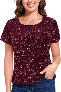Women's Sparkly Sequin Velvet Tops Short Sleeve Crew Neck Shirt Party Cl...