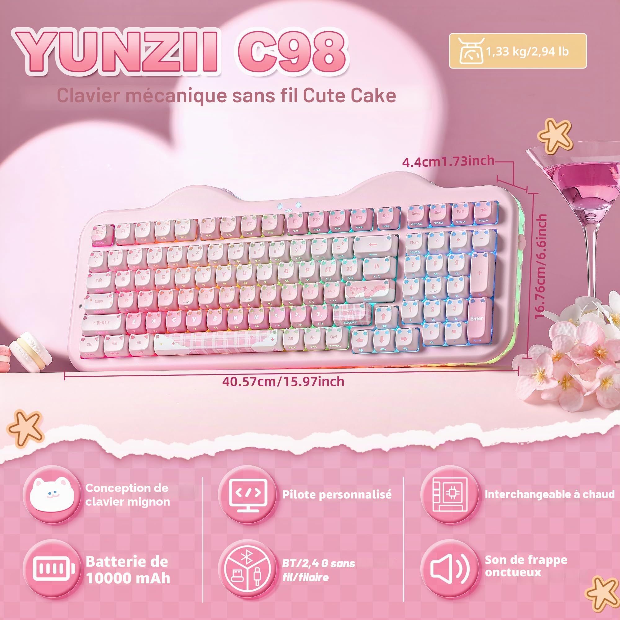 YUNZII C98 Clavier Mécanique sans Fil Thème Gâteau (Rose Mao, Candy) | Touches Transparentes MAO Oreilles de Chat, Bluetooth/2.4G/USB-C Filaire, Gasket, RGB, QWERTY, pour PC/Mac