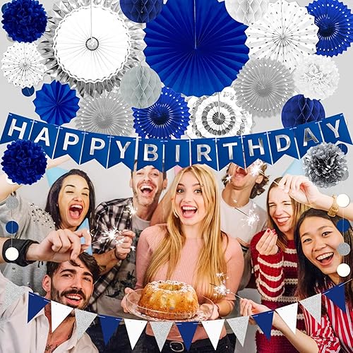 Miniatura 34 de Decoración de fiesta de feliz cumpleaños azul marino y dorado, 24 abanicos de papel colgantes, guirnalda de flores con pompones, guirnalda
