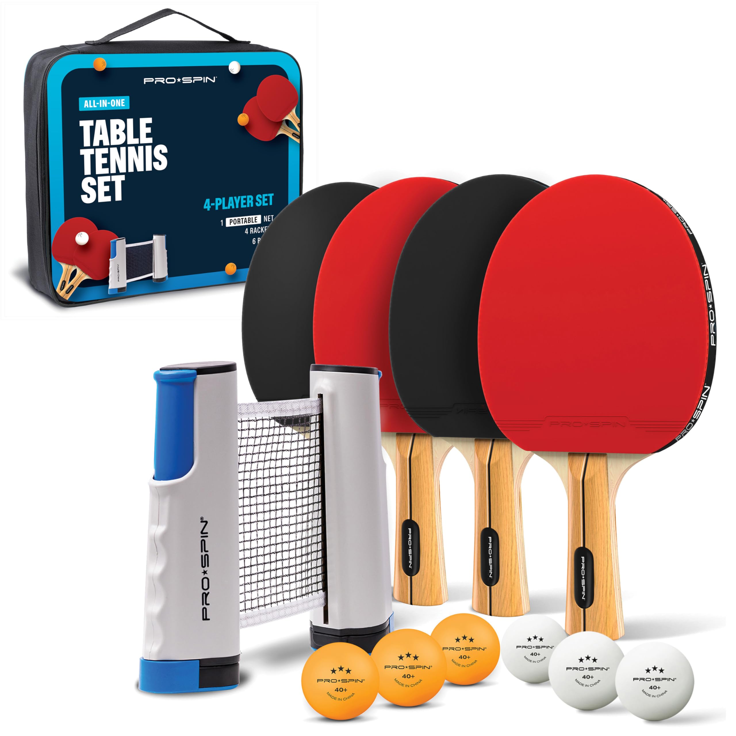 PRO-SPIN All-in-One Portable Ping Pong Paddles Set | Table Tennis Set with Retractable Ping Pong Net (Up to 72" Wide) | Premium Paddles, 3-Star Balls | Storage Case | Game Table | Family Fun | Gift