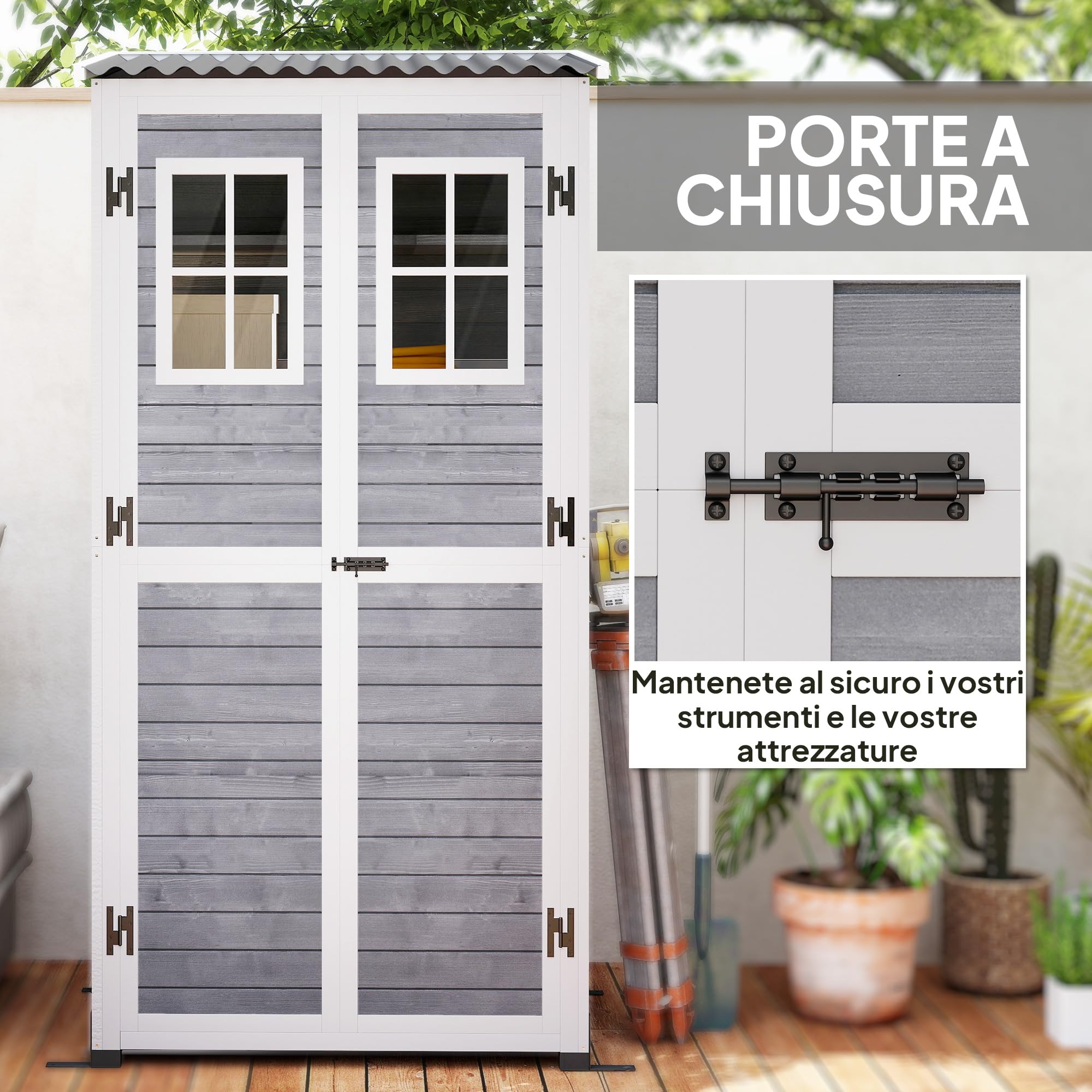 Outsunny Capanno Porta Attrezzi da Giardino in Legno di Abete con 2 Finestre e Ripiani Regolabili, Casetta Attrezzi Giardino Bloccabile, Tetto Spiovente per Patio Terrazza, 91x69x192cm, Grigio Chiaro