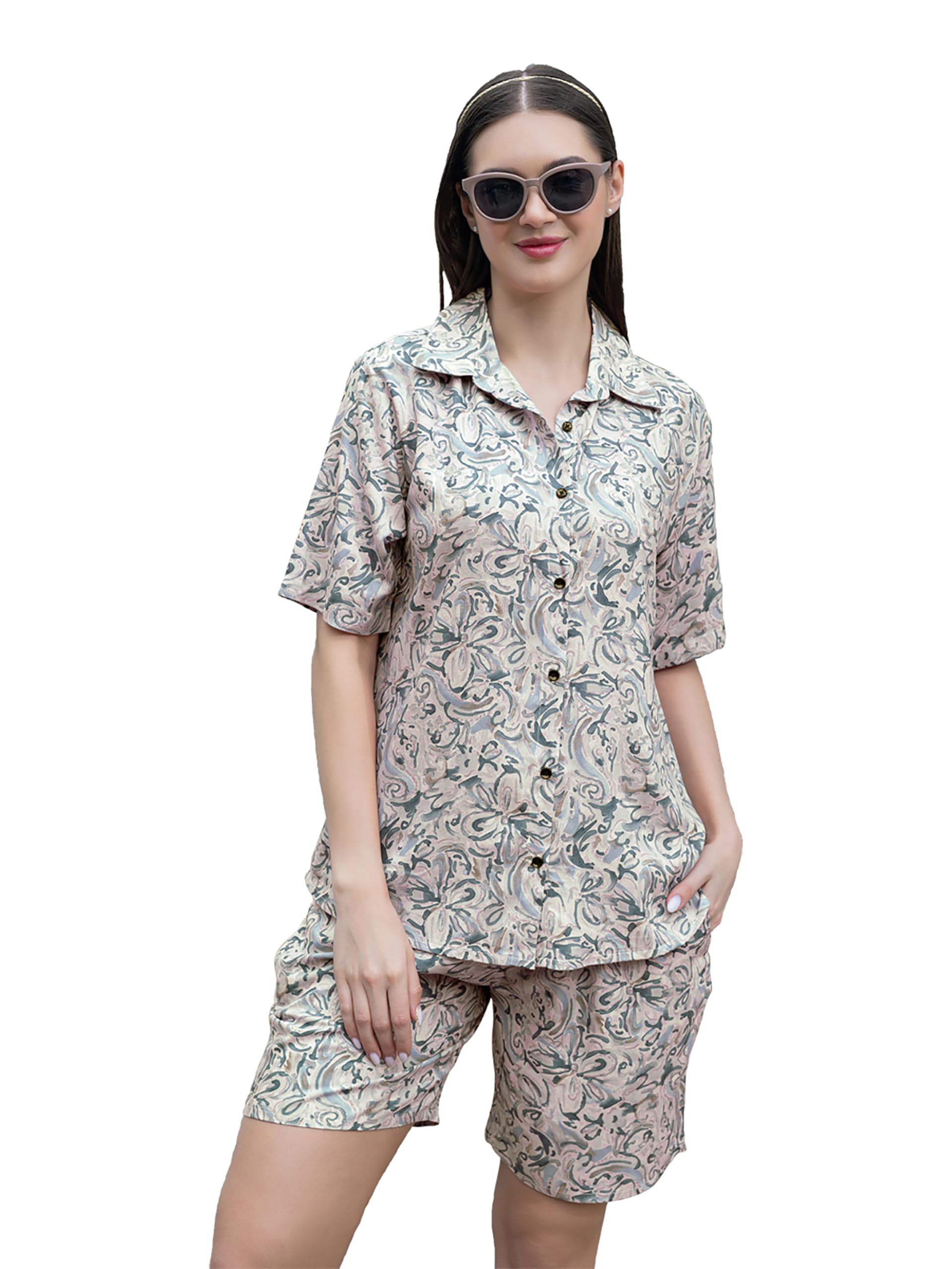 tittli Rayon Printed Shirt & Shorts Nightsuit for Women | Collared Short Sleeve Top with Elastic Waist Bottom | Comfortable Sleepwear Set | L, XL, XXL | Summer Nightsuit for Women-picture-18