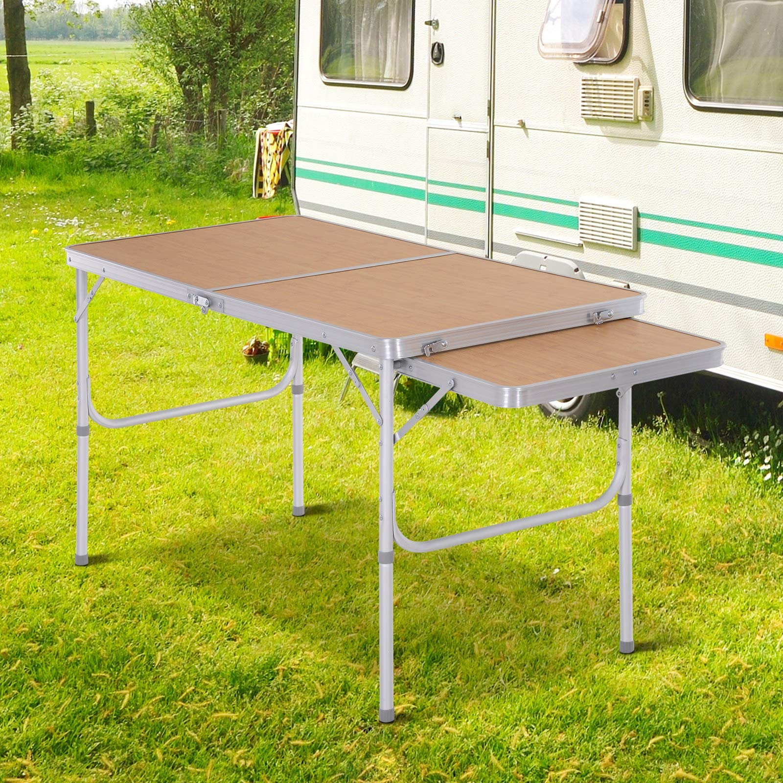 Outsunny Mesa Plegable de Camping Portátil con ala Abatible Mesa de Picnic de Encimera MDF Estructura Ligera de Aluminio Carga 30kg Altura Ajustable 153x60x39/71 cm