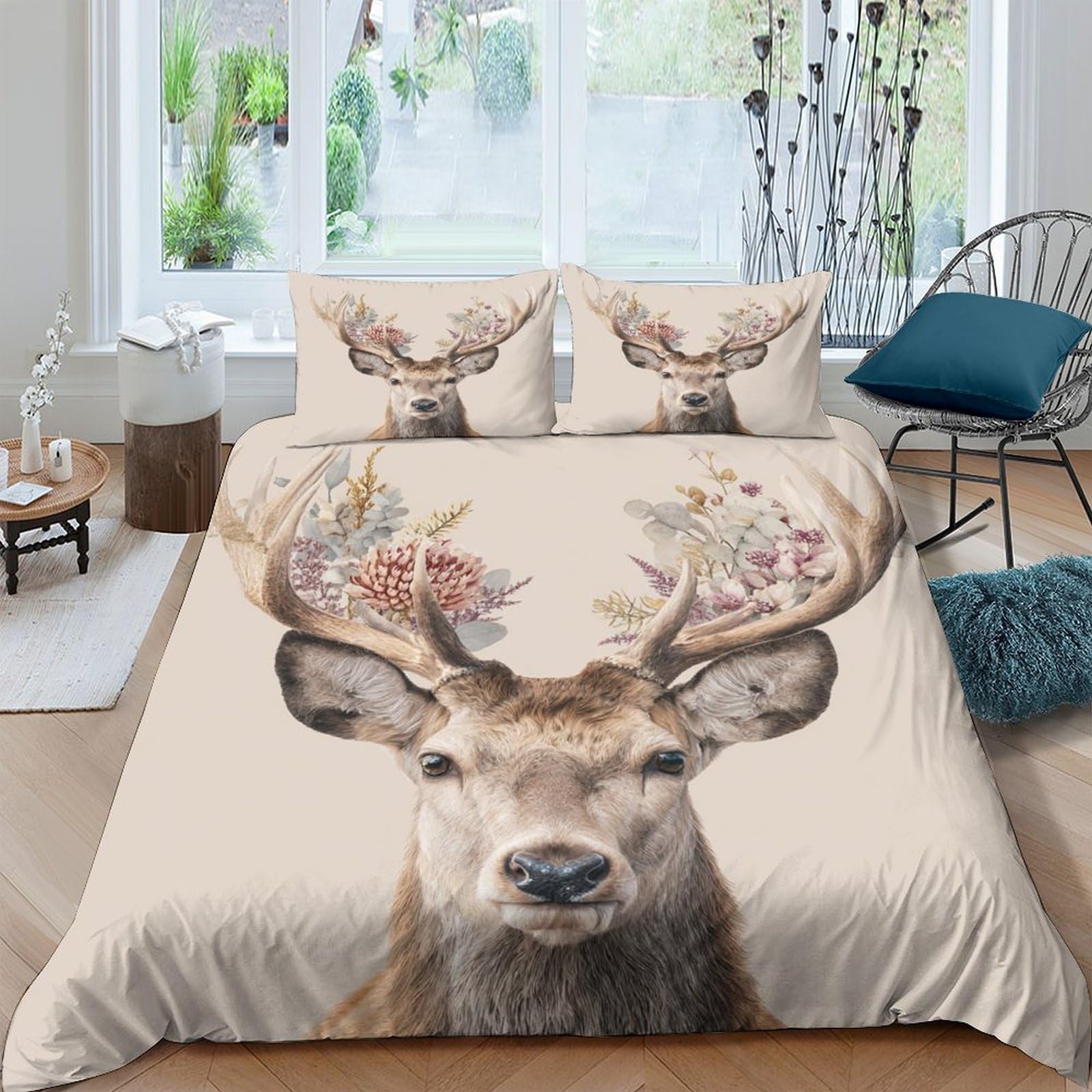 Ctjqhvkz Style-5 3D Printed Deer Antler Fitted Sheet Microfiber Soft Beige Forest Animal Bed Sheet For Bedroom Guest Room Decor Single（135X200cm）