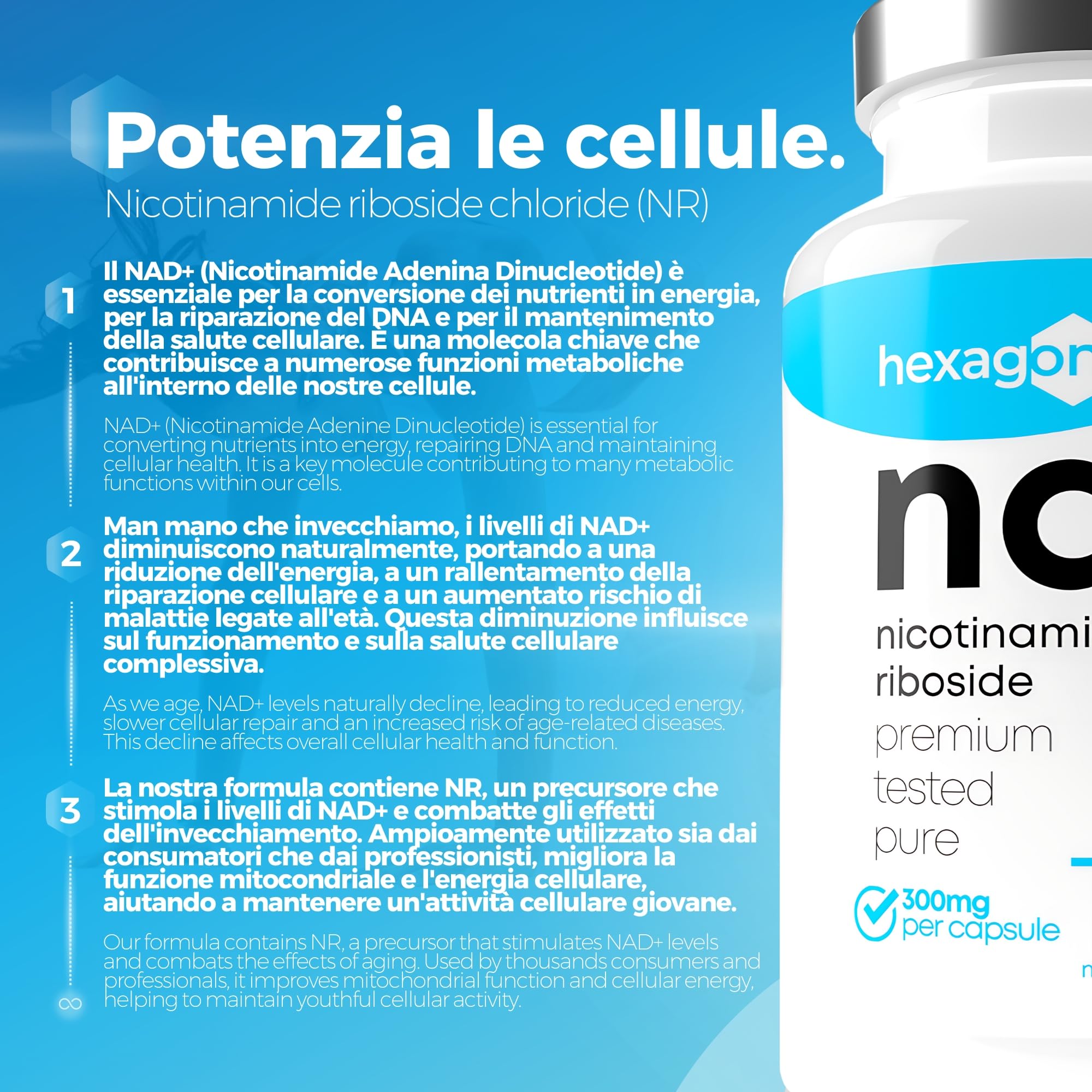 NAD+ Nicotinamide Riboside Chloride 300mg - +6 Mesi di Cura - NAD Booster - Anti-Età e Contro la Fatica, Supporto Nervoso - 180 Capsule Vegetali - Vegan & Premium - Hexagon