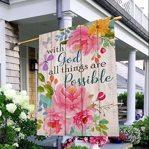 Miniatura 5 de Artofy with God all Things are Possible - Bandera decorativa de primavera para el hogar, jardín de verano, flor de peonía religiosa al aire libre,