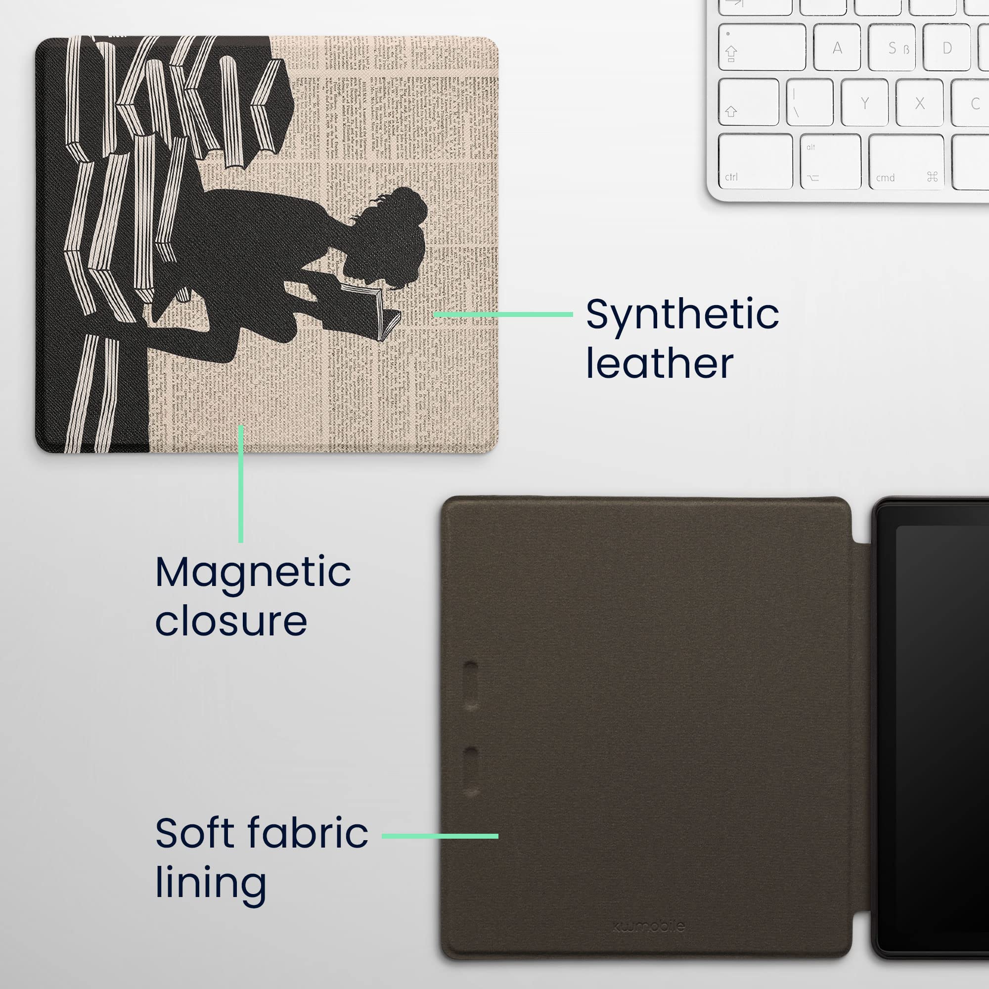 kwmobile Étui Compatible avec Amazon Kindle Oasis 10. Generation Coque - Étui à Rabat magnétique Tablette eReader Similicuir - Noir-Beige