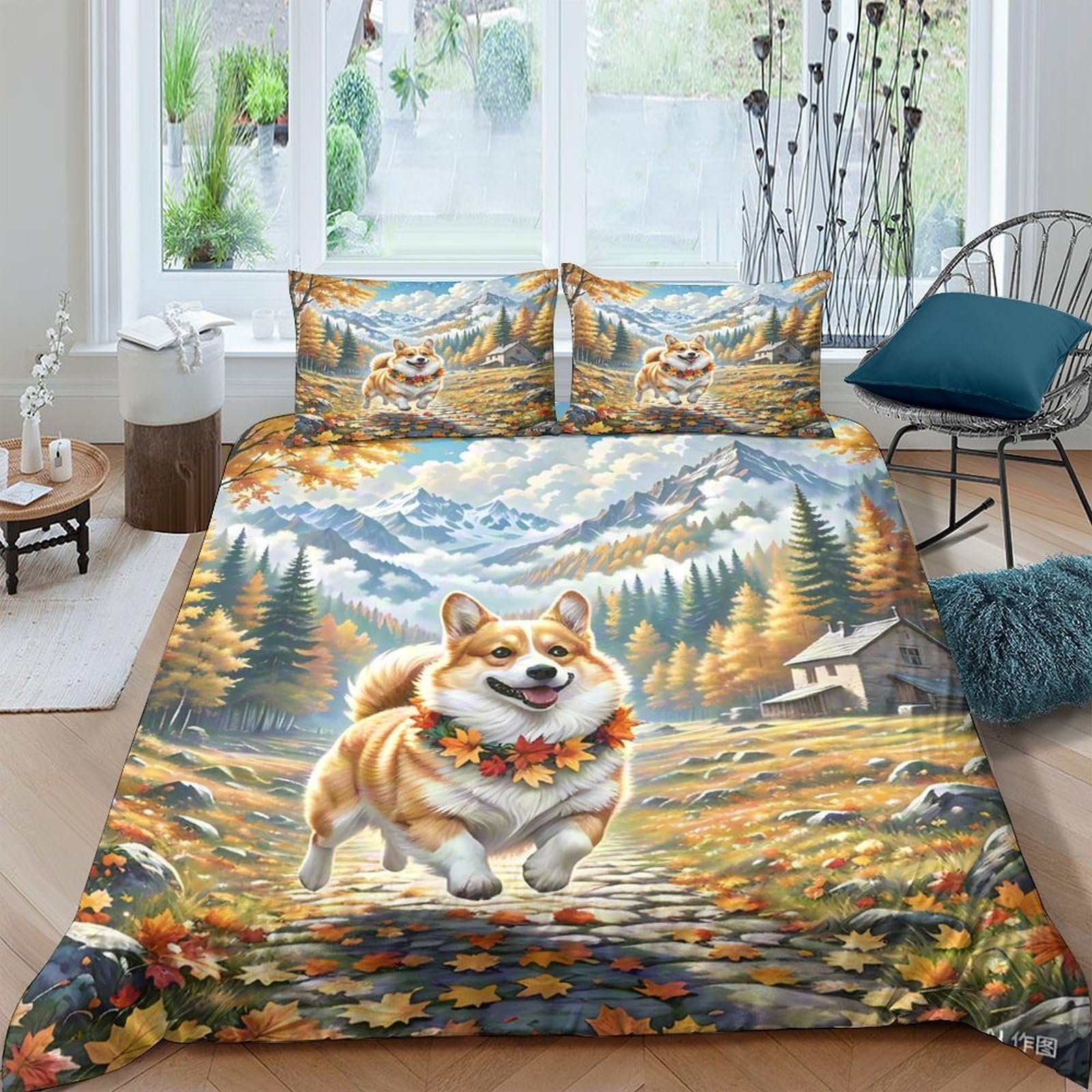 Ctjqhvkz Style-9 3D Printed Autumn Corgi Landscape Fitted Sheet Microfiber Soft Mattress Cover For Bedroom Dorm Room Decor Gift Single（135X200cm）
