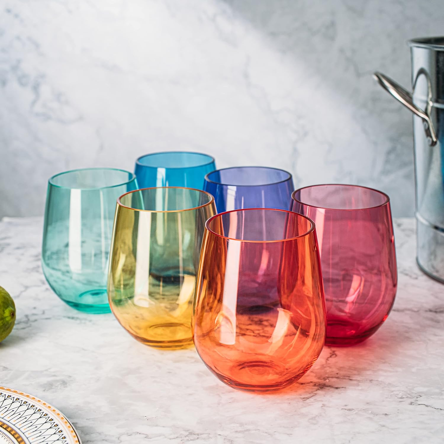 European Style Plastic Crystal Unbreakable Stemless Wine Glasses | Set of 6 | Acrylic Glasses Tritan Drinkware Bright Color Shatterproof BPA-free, Reusable, Outdoor, Pool, Indoor, Hand Wash 15oz Gift