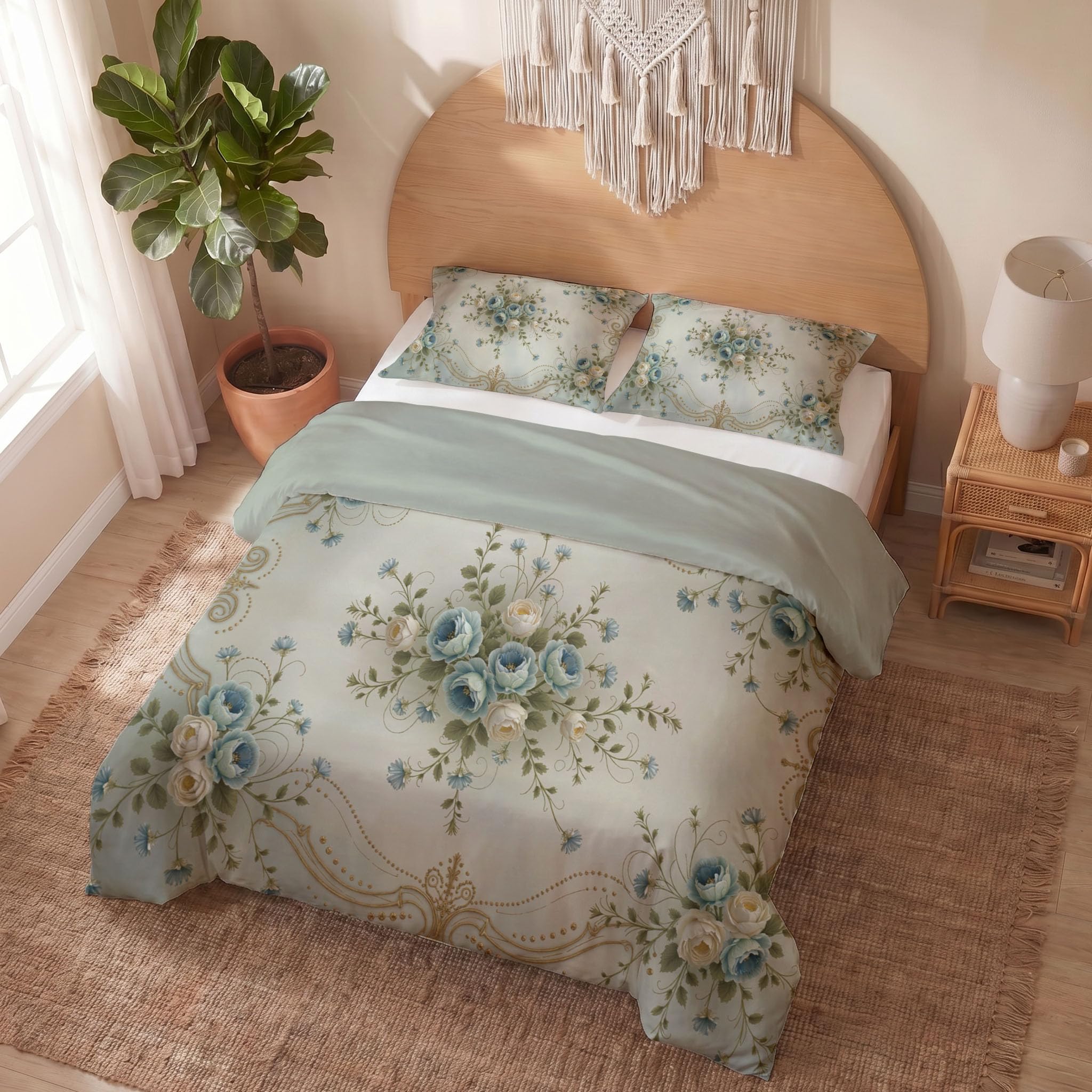 Parure de lit 200X200 plantes rurales housse de couette beige microfibre