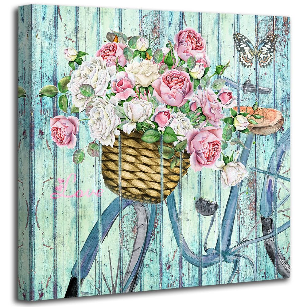 Anolyfi Bathroom Rustic Floral Print Wall Art Flowers Bicycle and Butterfly Canvas Painting, Vintage Scenery Aqua Picture Artwork Framed for Living Room Bedroom Kitchen Office Home Decor 20"x20"