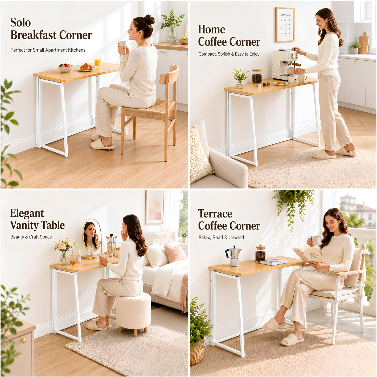 Escritorio Infantil Plegable Mesa Estudio Ordenador para Habitación Juvenil Dormitorio niña Ahorro de Espacio Nórdico Fácil Montaje Esquinas Redondeadas Blanco Roble 80x40x74cm