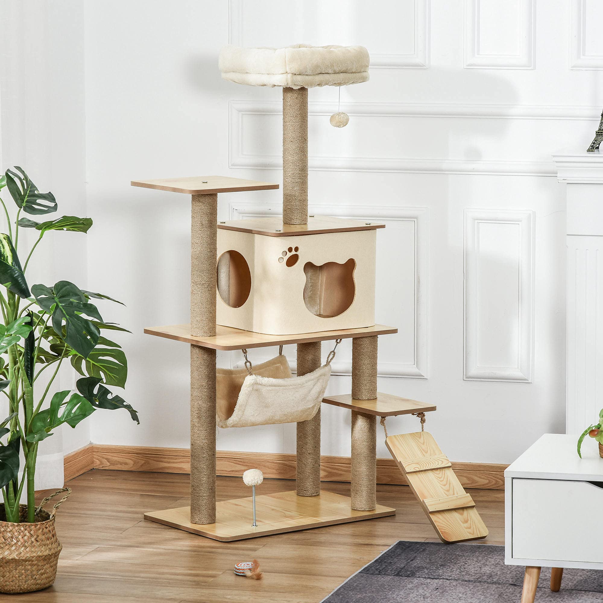 PawHut Albero Tiragraffi Multilivello con Casetta, Amaca, Scaletta e Corde in Juta, Rivestimento Peluche, 60x40x130cm, Giallo