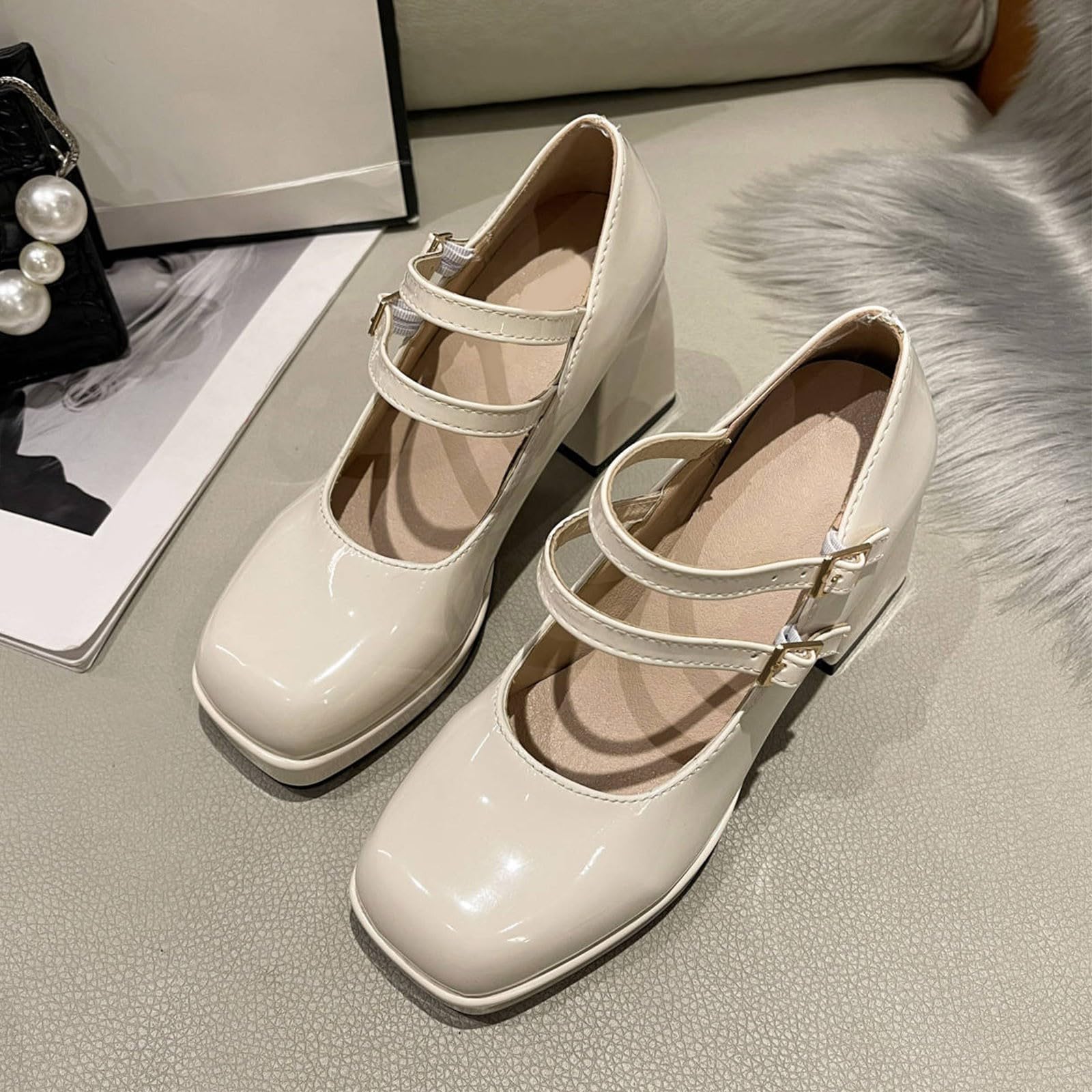 Scarpe Mary Jane da donna con plateau e punta alla caviglia, stile Lolita, in pelle verniciata, stile retrò, con tacco a blocco, per feste