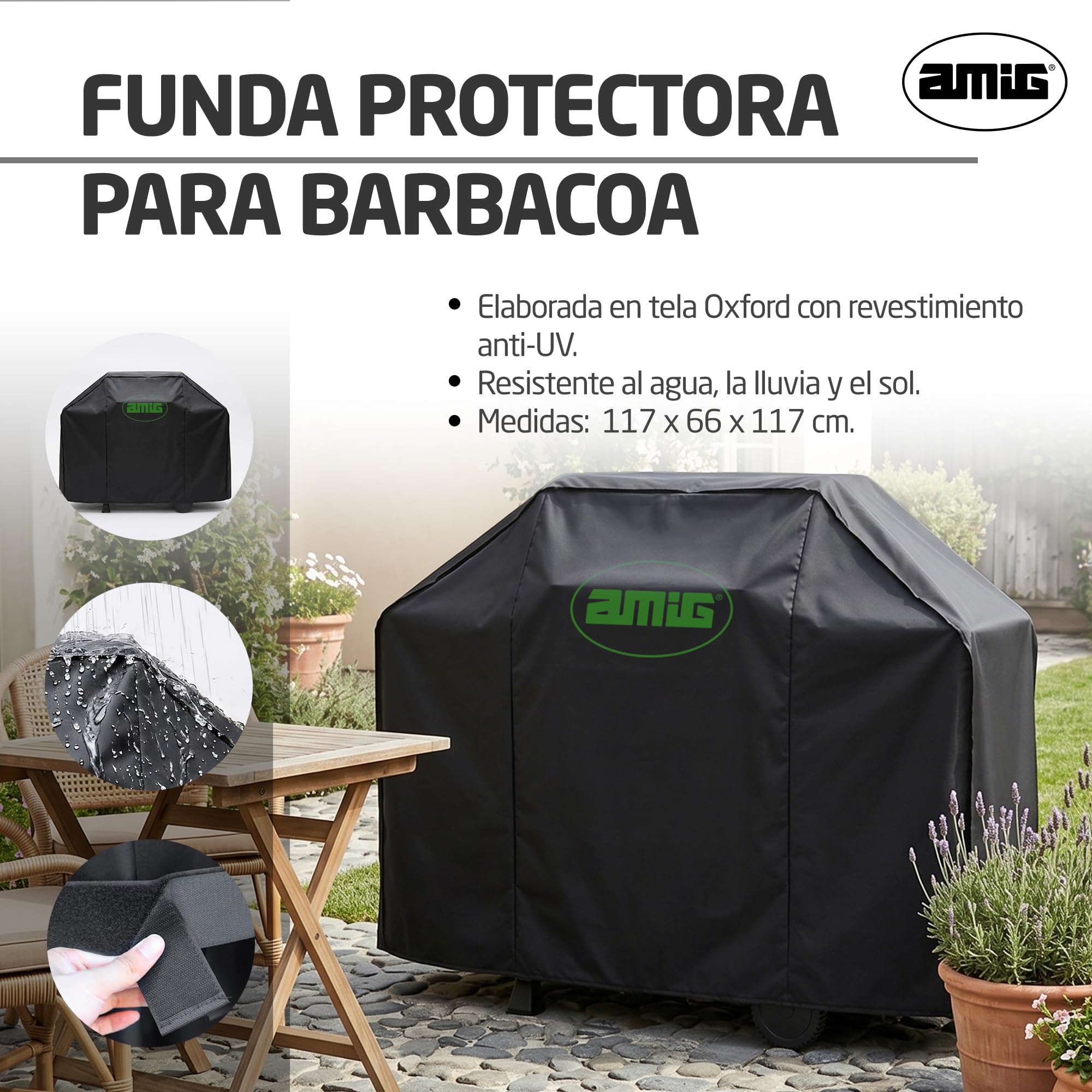 Amig - Funda Barbacoa Exterior Impermeable - 117 x 66 x 117 cm - Negro - Fabricado en Tela Oxford 210D - Tela con Revestimiento Anti-UV - Resistente al Agua, la Lluvia y el Sol. - Mod. AM31