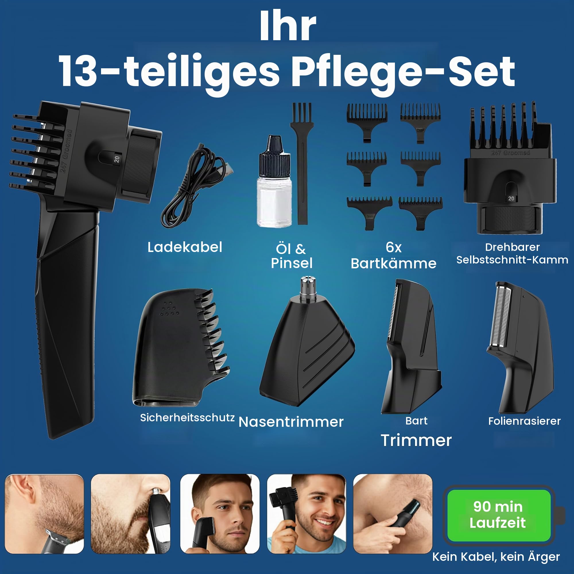 247 Groomed Selbst-Haarschnitt-Trimmer für Männer, Körperpflege, Bartschneider, Nasentrimmer, Rasierer für Männer, Koteletten-Mischlösung