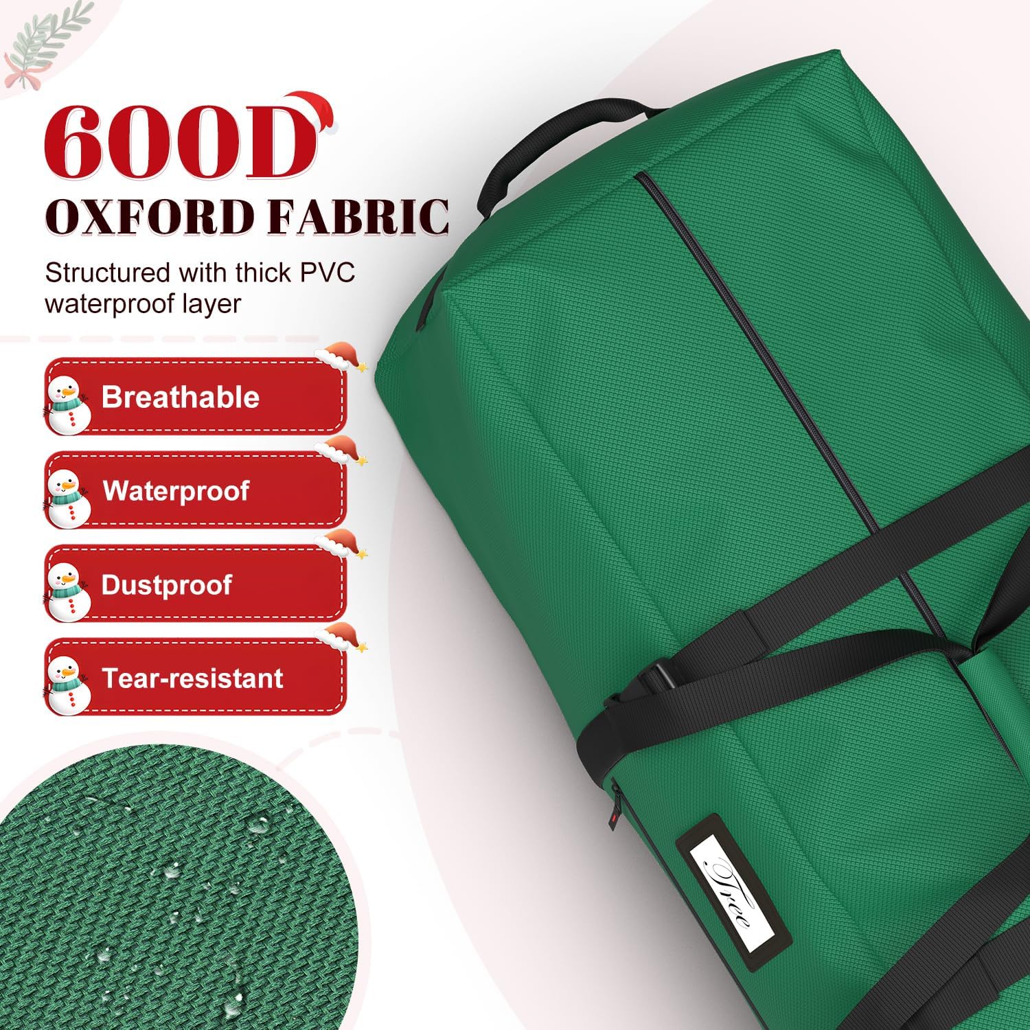 Christmas Tree Storage Bag with Rolling Wheels, Fits for 9ft Xmas Artificials, Large Xmas Storage Container with Reinforced Carry Handles and Fixed Buckle, 600D Oxford Cloth, Dual Zippers