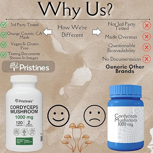 Miniatura 5 de PRISTINE'S Cordyceps - Cápsulas de hongos  Suministro para 60 días de 1000 mg  Suplemento adaptógeno de rendimiento atlético, resistencia e