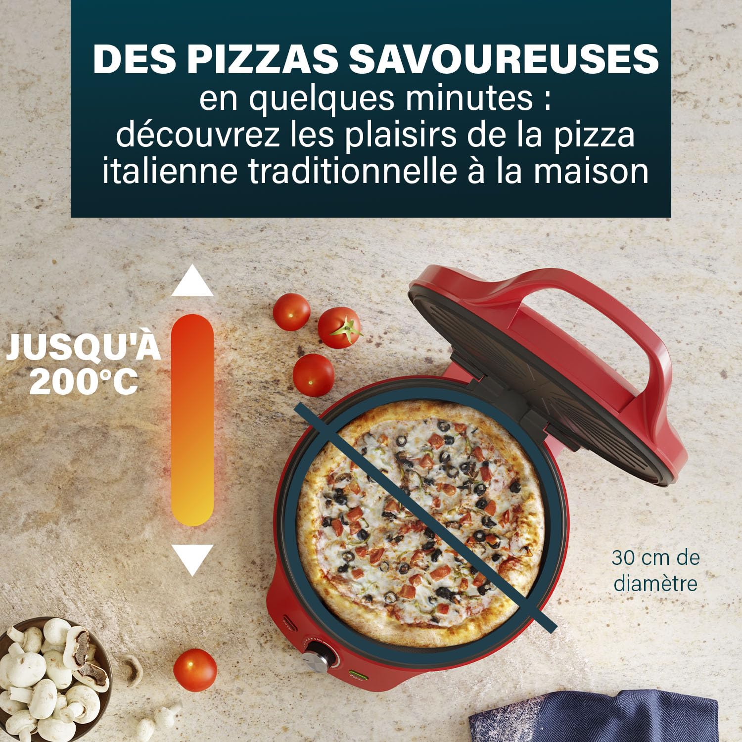 Princess Pizza Maker - Ø 32 cm - Thermostat réglable - Multifonctionnel - Fonction gril incluse - jusqu'à 200°C - 115007
