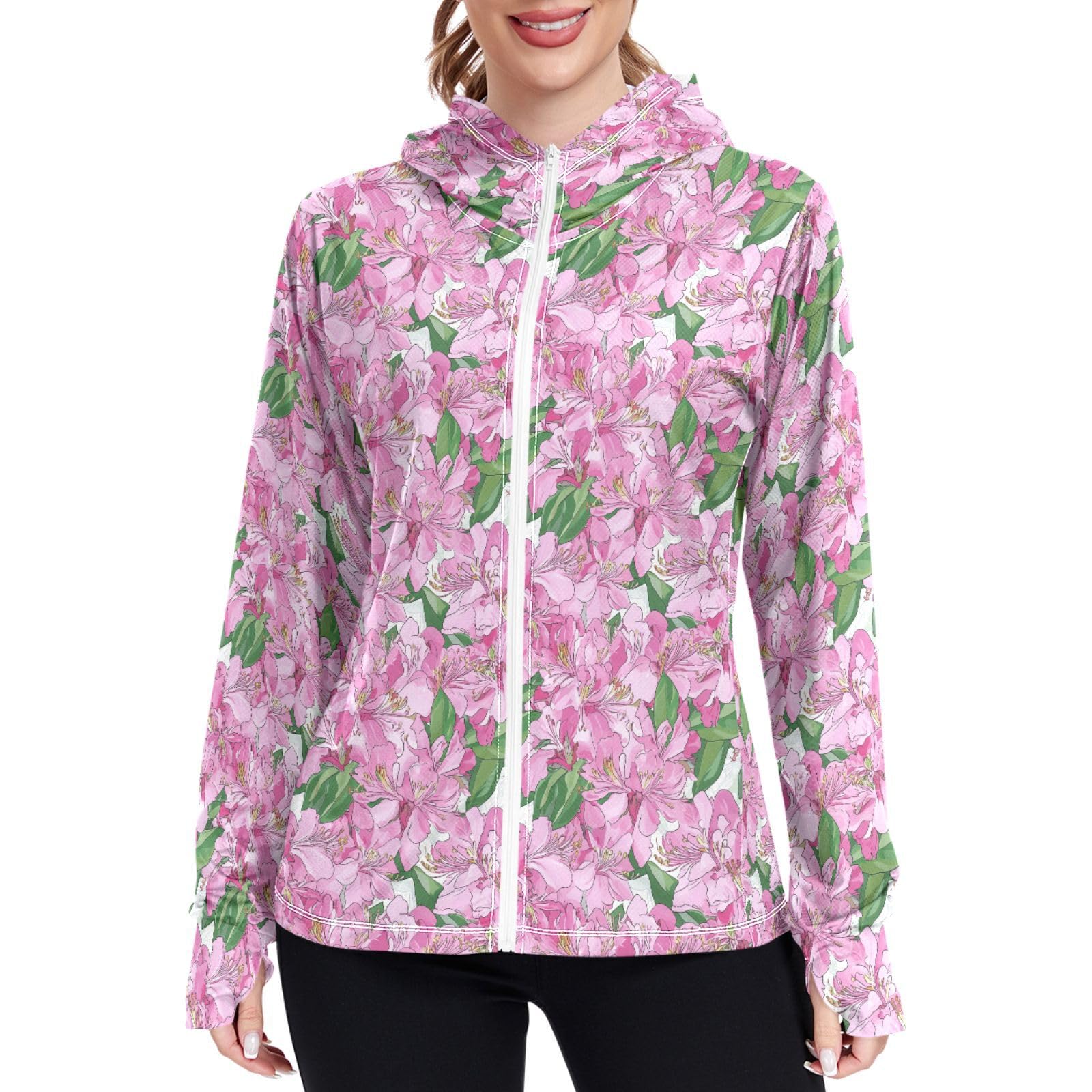 Women's Sun Protection Lightweight Hoodie Jacket Zip Up Jackets for Women UPF 50+ Clothing for Hiking Golf Cycling M Pink Flowers Spring