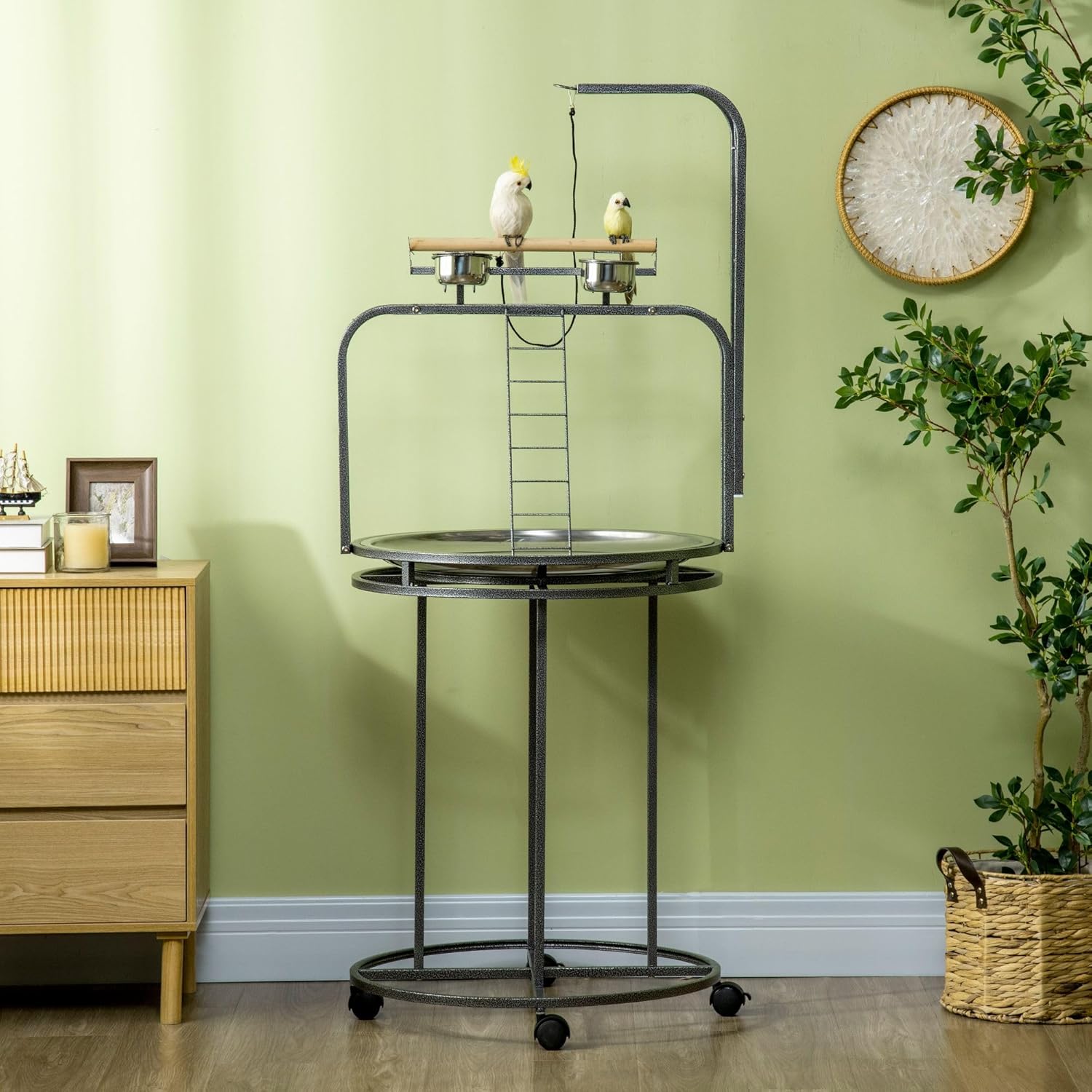 3Ladders 38x11x34inch 5 Pounds Capacity Bird Perch with Toy Hook Durable Natural Eco-Friendly Solid Wooden LightCharcoal