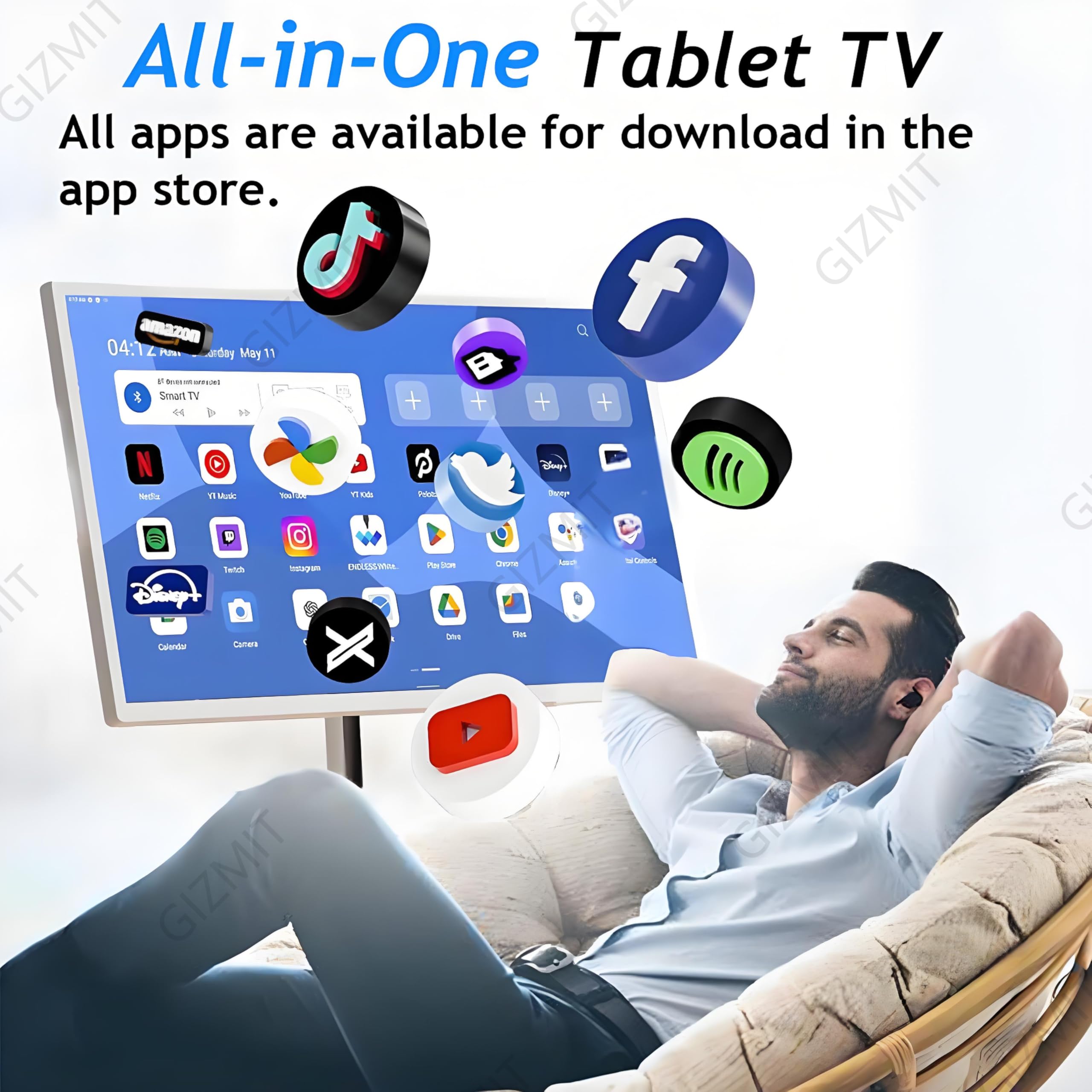 Televisor portátil con Ruedas, Smart TV portátil FHD de 32 Pulgadas con Android, Pantalla táctil giratoria, Altavoces duales, Gran Memoria Opcional, con Control Remoto C-4+64G