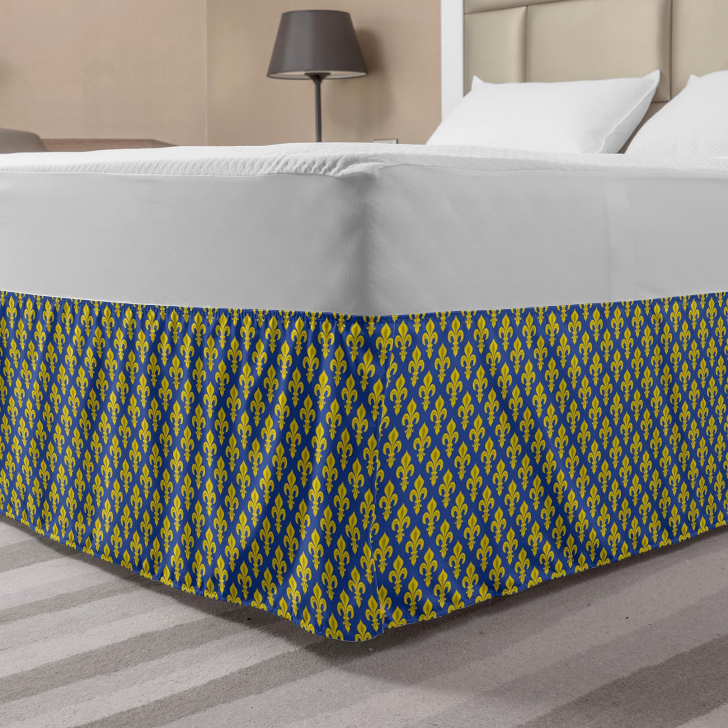 Lunarable Royal Blue Elastic Bed Skirt Continuous Heraldic Lilies Fleur De Lis Pattern with Summer Colors Wrap Around