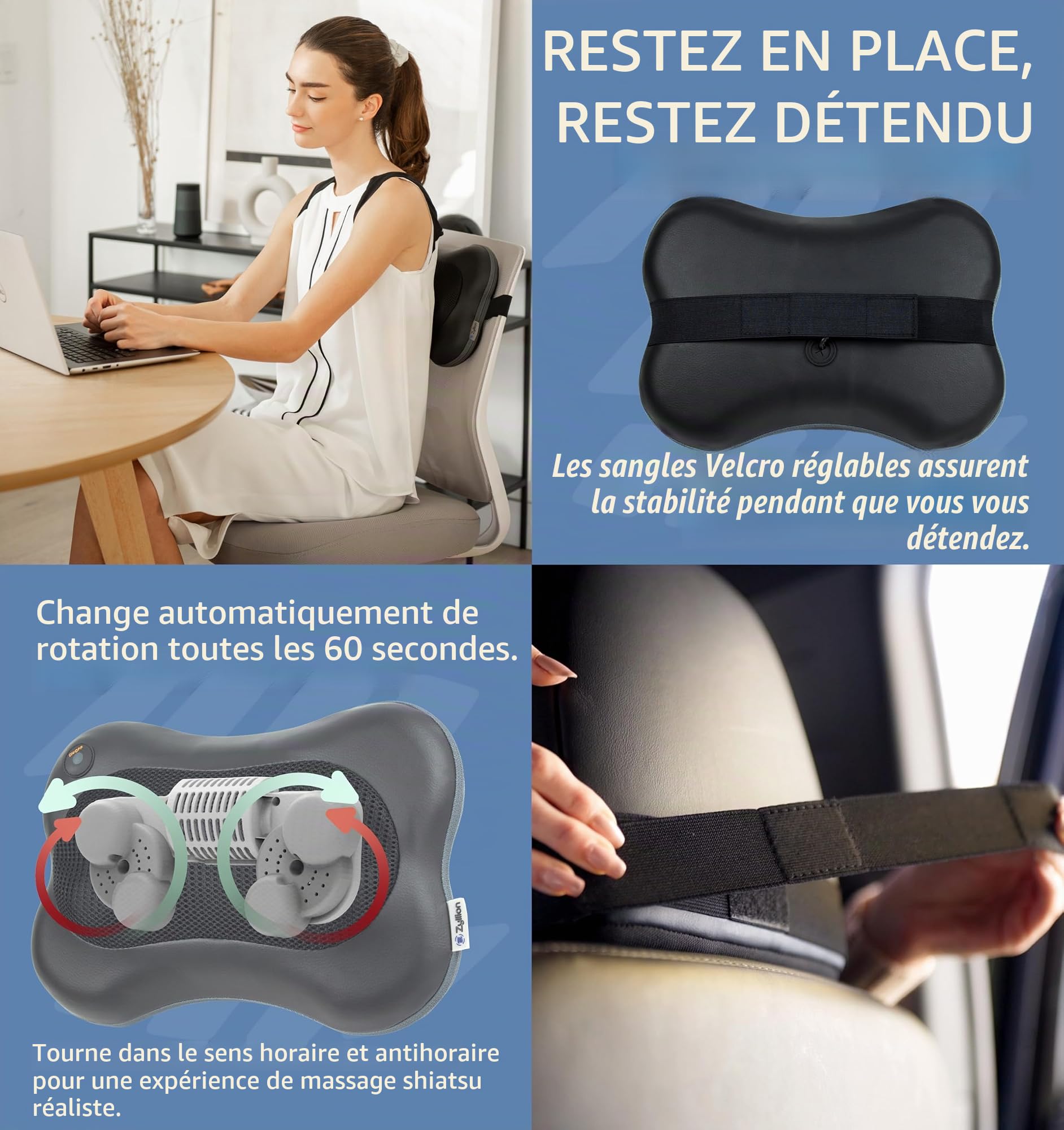 Zyllion Appareil de massage Shiatsu pour le dos et la nuque - Coussin de massage des tissus profonds avec pétrissage 3D et chaleur pour soulager les douleurs musculaires - Noir (ZMA-13-BK)