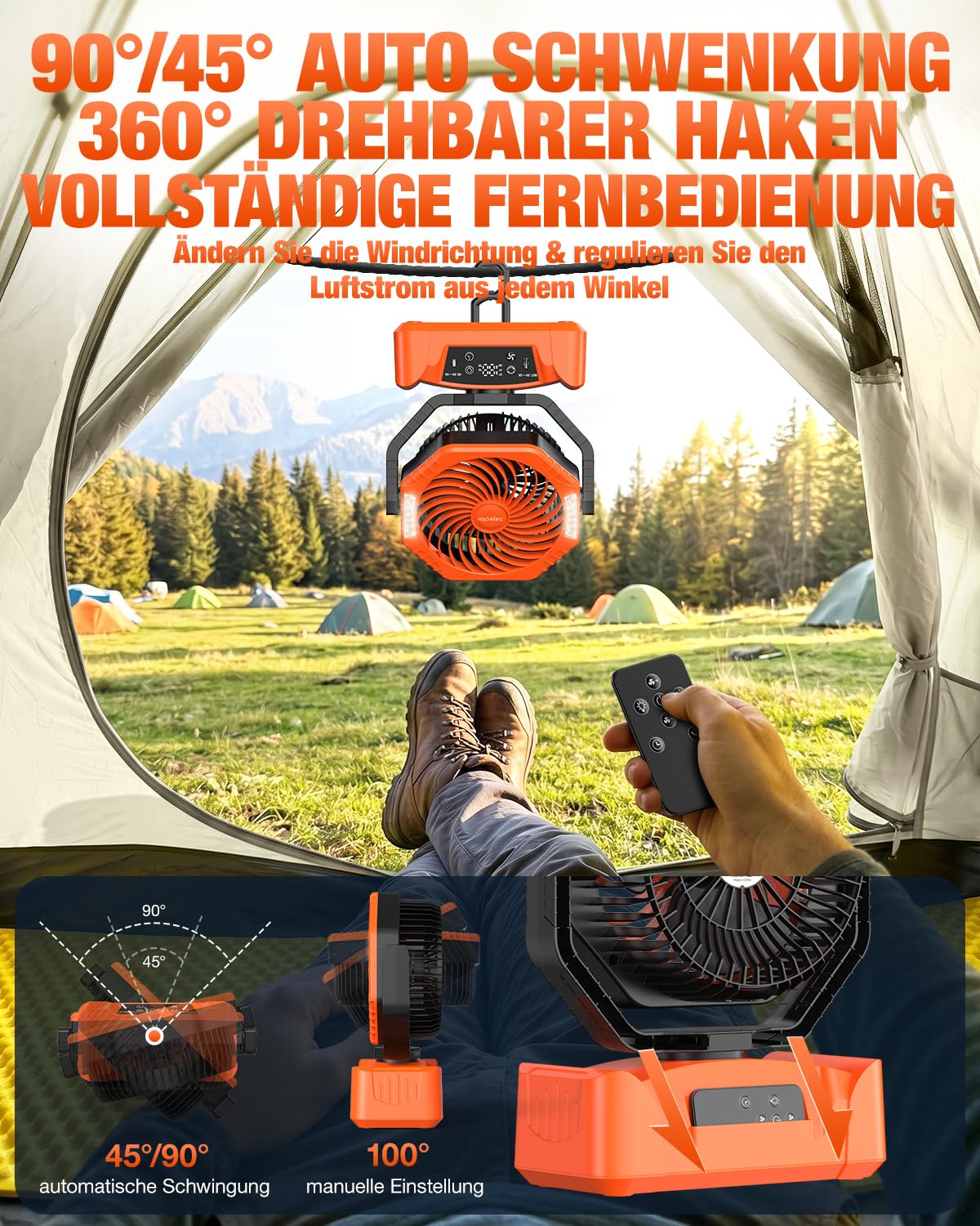 24000mAh Akku Camping Ventilator Powerbank, Kupferkern Motor Akkuanzeige, Fernbedienung Timer , 6 Geschwindigkeiten, Auto Schwenkfunktion, LED-Licht, Aufhängbar für Camping Angeln Zuhause Stromausfall