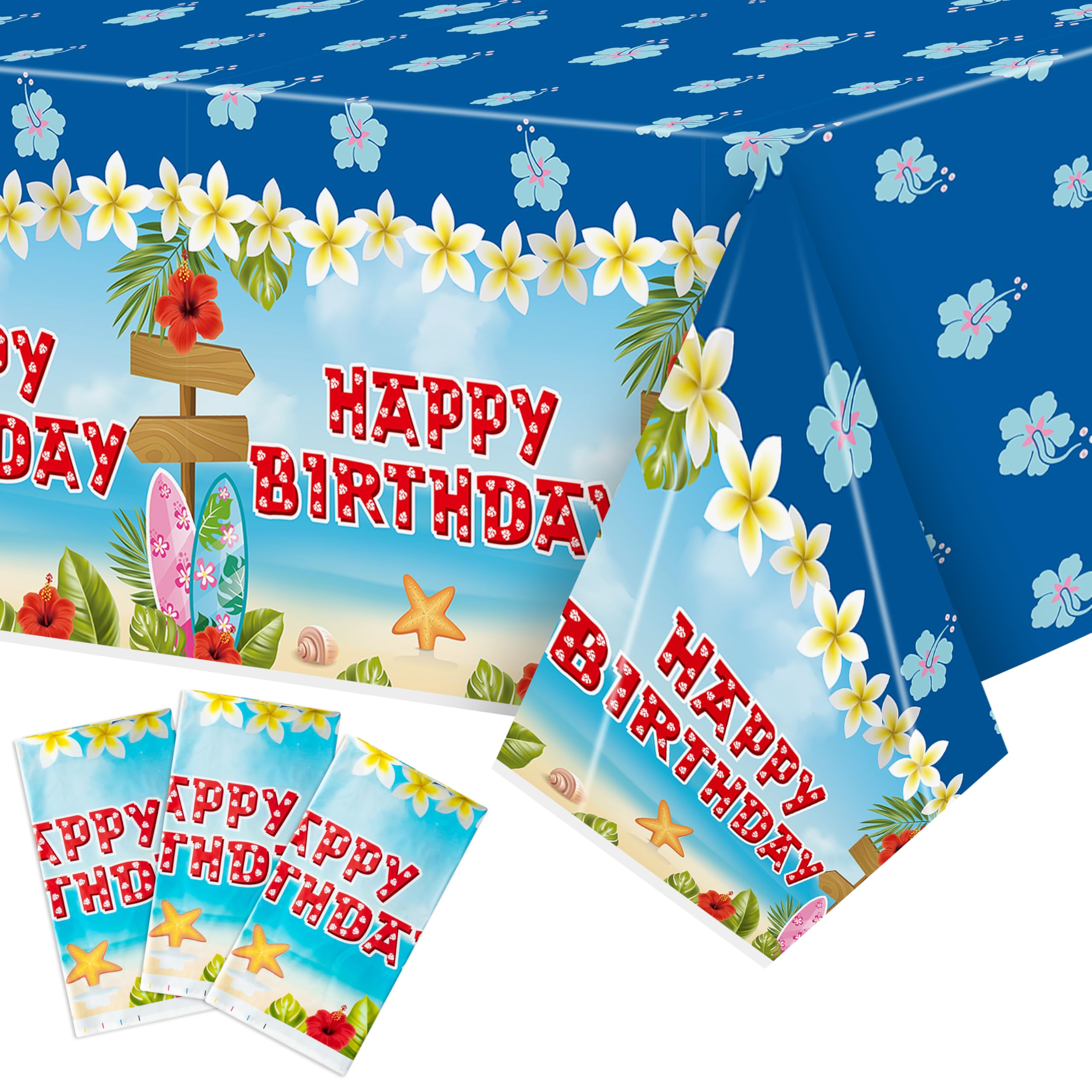 BHronony Hawaii Tablecloth Covers Decorations - 3pcs Cartoon Themed Table Cloths, Hawaiian Luau Disposable Plastic Waterproof Rectangular Covers for