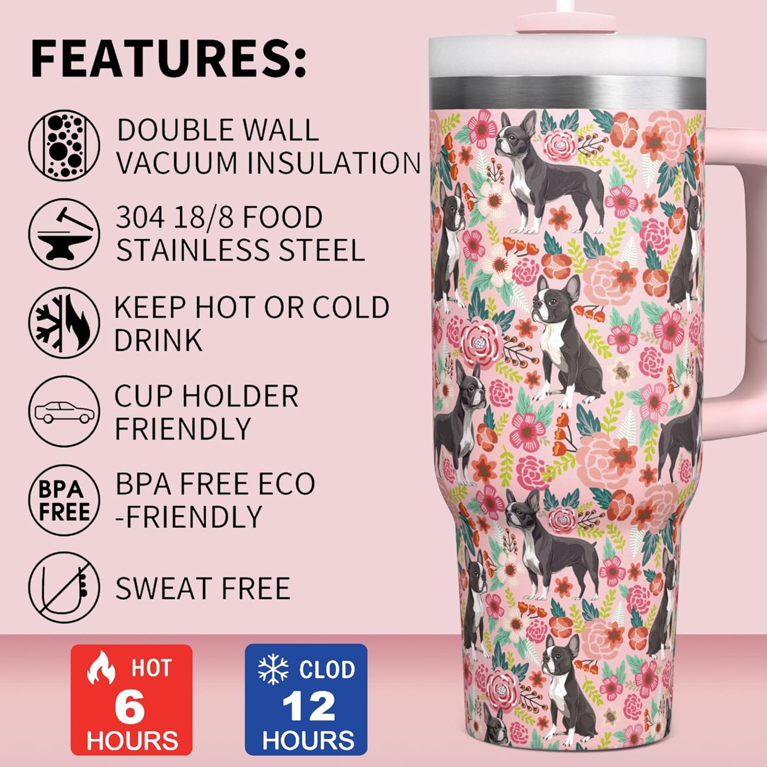 Generic Boston Terrier 30 Oz Insulated Stainless Steel Travel Tumbler With Handle and Straw - Perfect for Coffee, Water, or Travel - Ideal Gift for Women or Men - Image 6