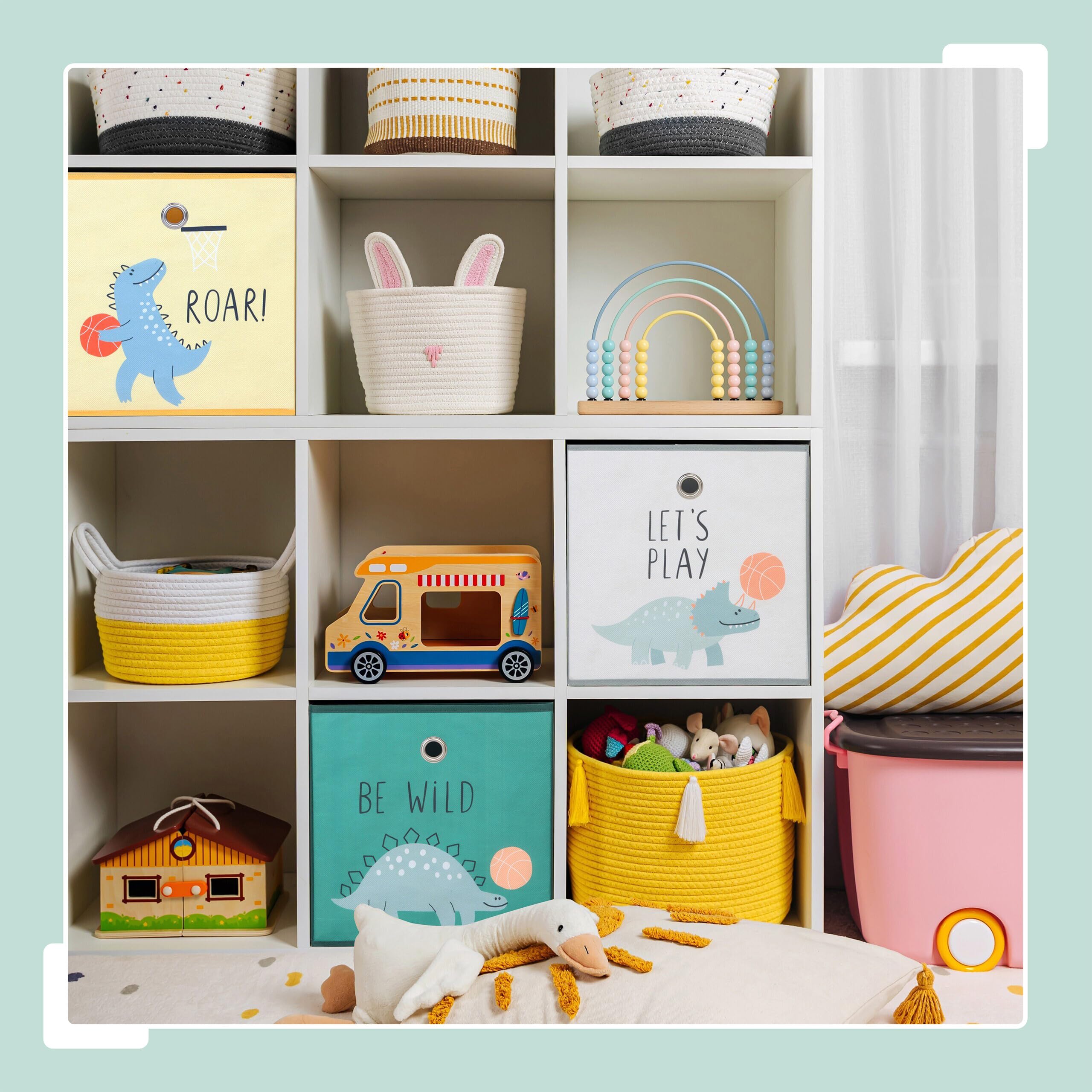 Relaxdays Set 3 Scatole per Bambini, Motivo Dinosauri, Pieghevoli per scaffali a cubo, HLP 30x30x30 cm, Tessuto colorato