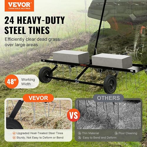 VEVOR Tow Behind Dethatcher, 48-inch Tow Dethatcher with 24 Spring Steel Tines, Lawn Dethatcher Rake for ATV or Mower, Tow Behind Lawn Rake with Lift Handle for Garden Farm Grass - 2