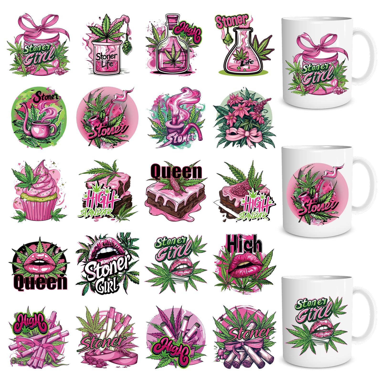 Shejdgart Weed UVDTF Cup Wraps - 20 Sheets 420 UV DTF Decals for 16 OZ Glass Cups, Lip Cupcake Pink Stickers, Waterproof Rub on Transfers for Water Bottle Mug, DIY Crafts