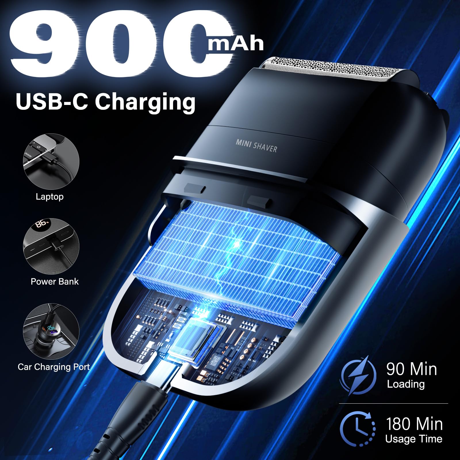Rasoio Elettrico Barba con Display LED, IPX7 Impermeabile Rasoio Barba Uomo Wet & Dry, Shaver Barba Durata della Batteria 180 Minuti, Leggero e Silenzioso, Rasoio Uomo per Barba, Viso e Viaggi