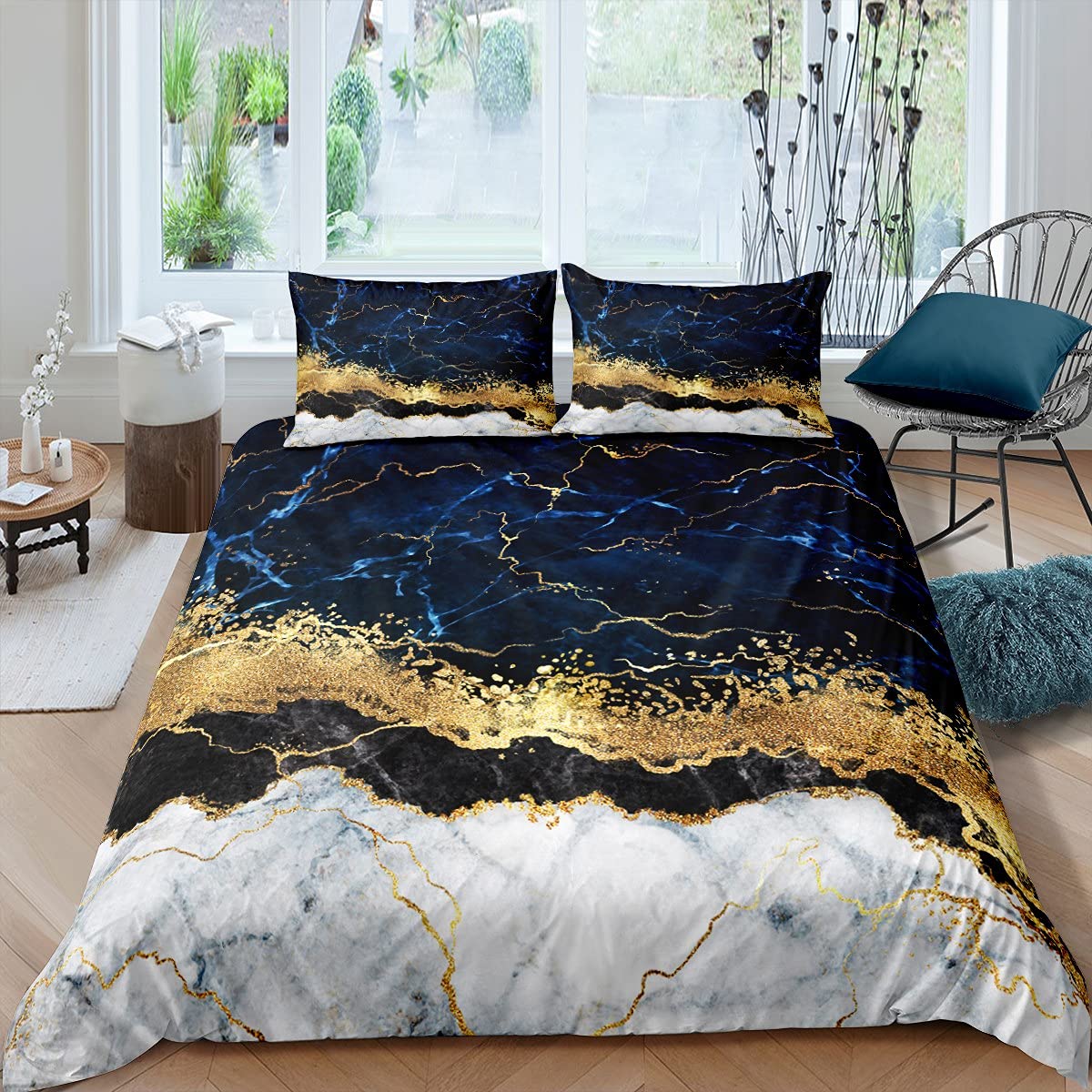 Marble Duvet Cover Set Gold Giltter Bedding Set Navy Blue Stone Marble Comforter Cover For Kids Adults Tie Dye Fluid Magma Abstract Art Hipster Quilt Cover 3 Pieces King Size Soft Bedroom Decor