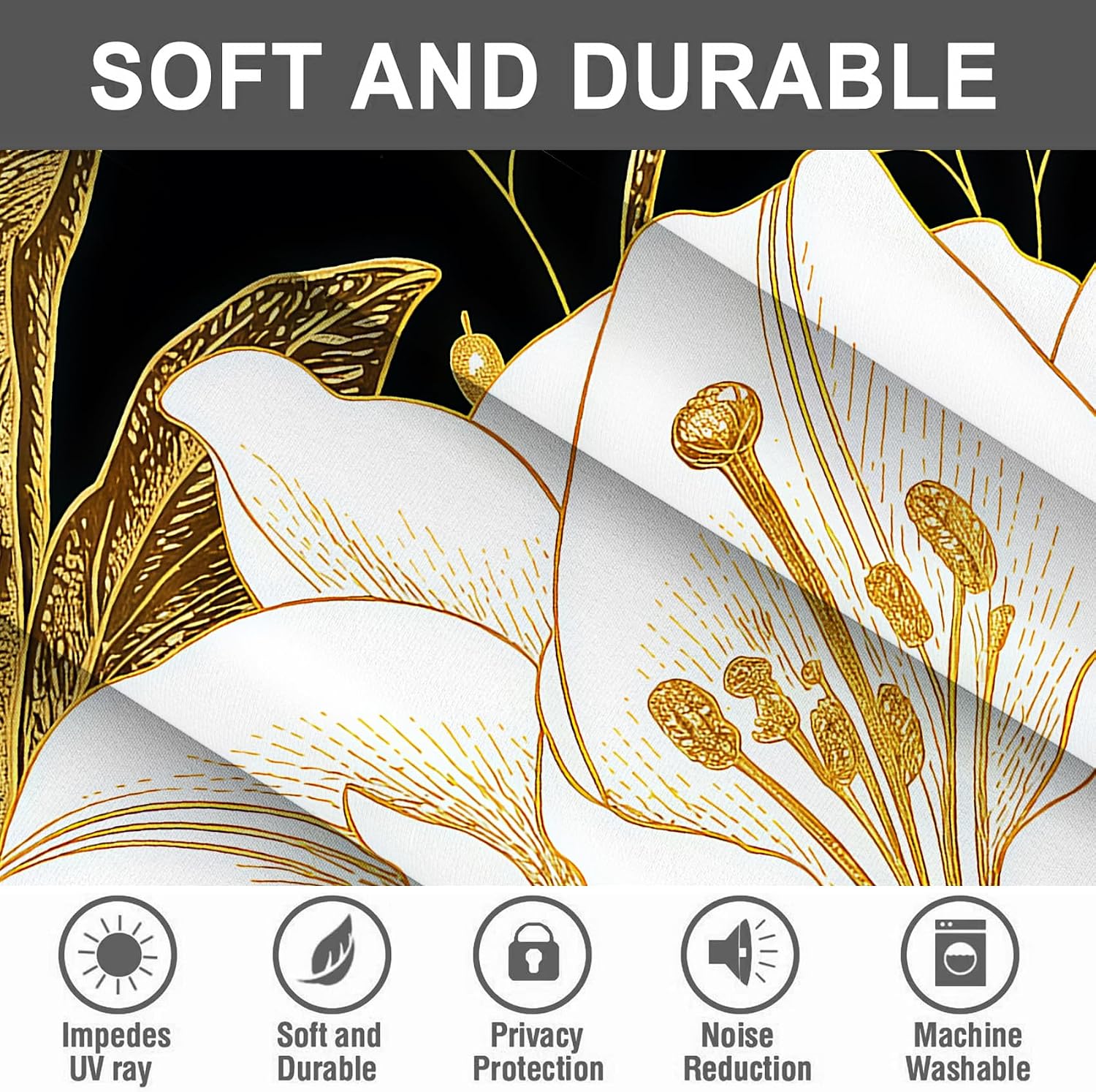 Black Gold Floral Blackout Curtains for Bedroom Living Room Boho White Flower Gold Leaves Window Curtain Vintage Grommet Room Darking Drapes 2 Panels, 42X84 Inch