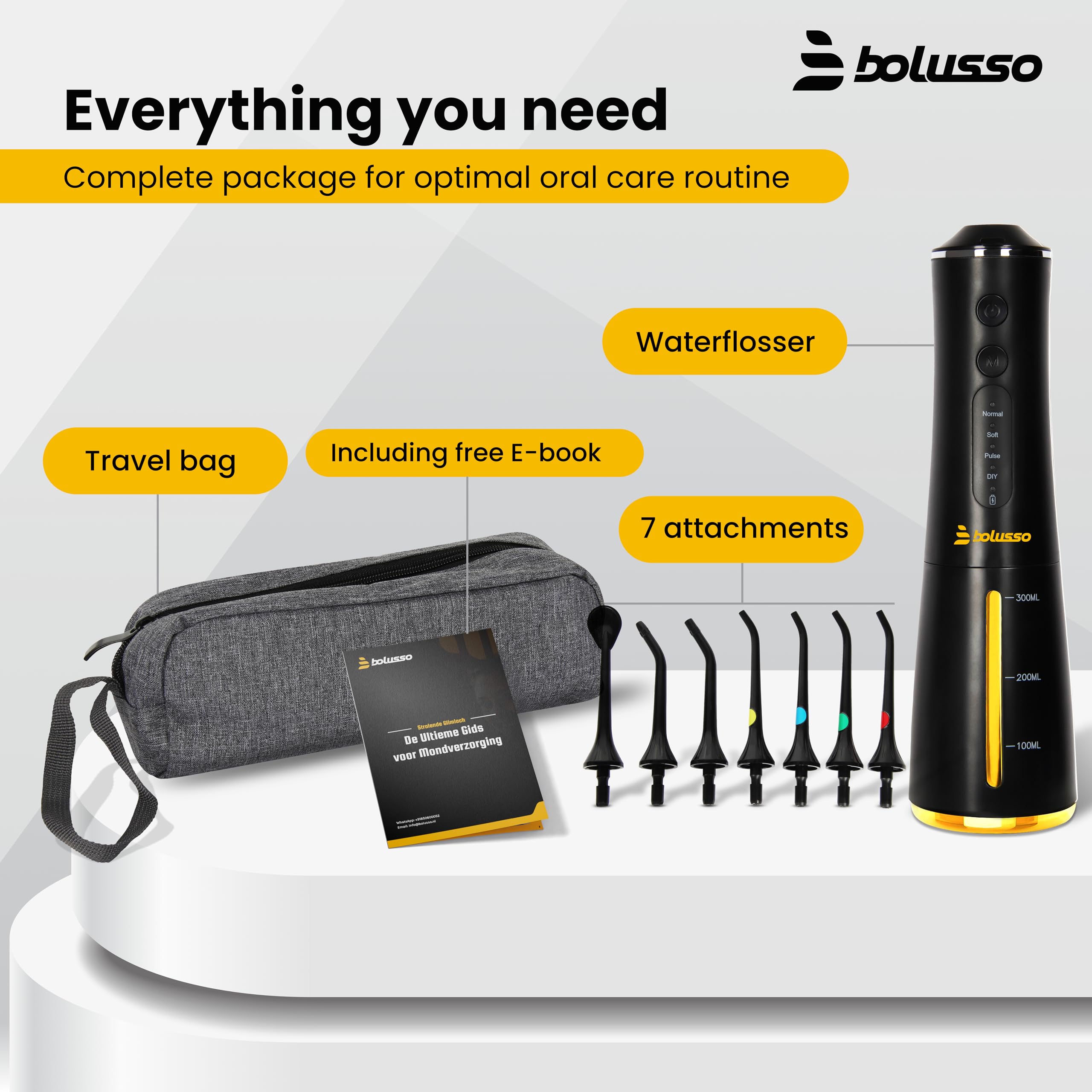 Idropulsore Dentale Portatile Bolusso - Water Flosser professionale - Include 7 accessori – Con Borsa da viaggio – E-book – Completamente regolabile