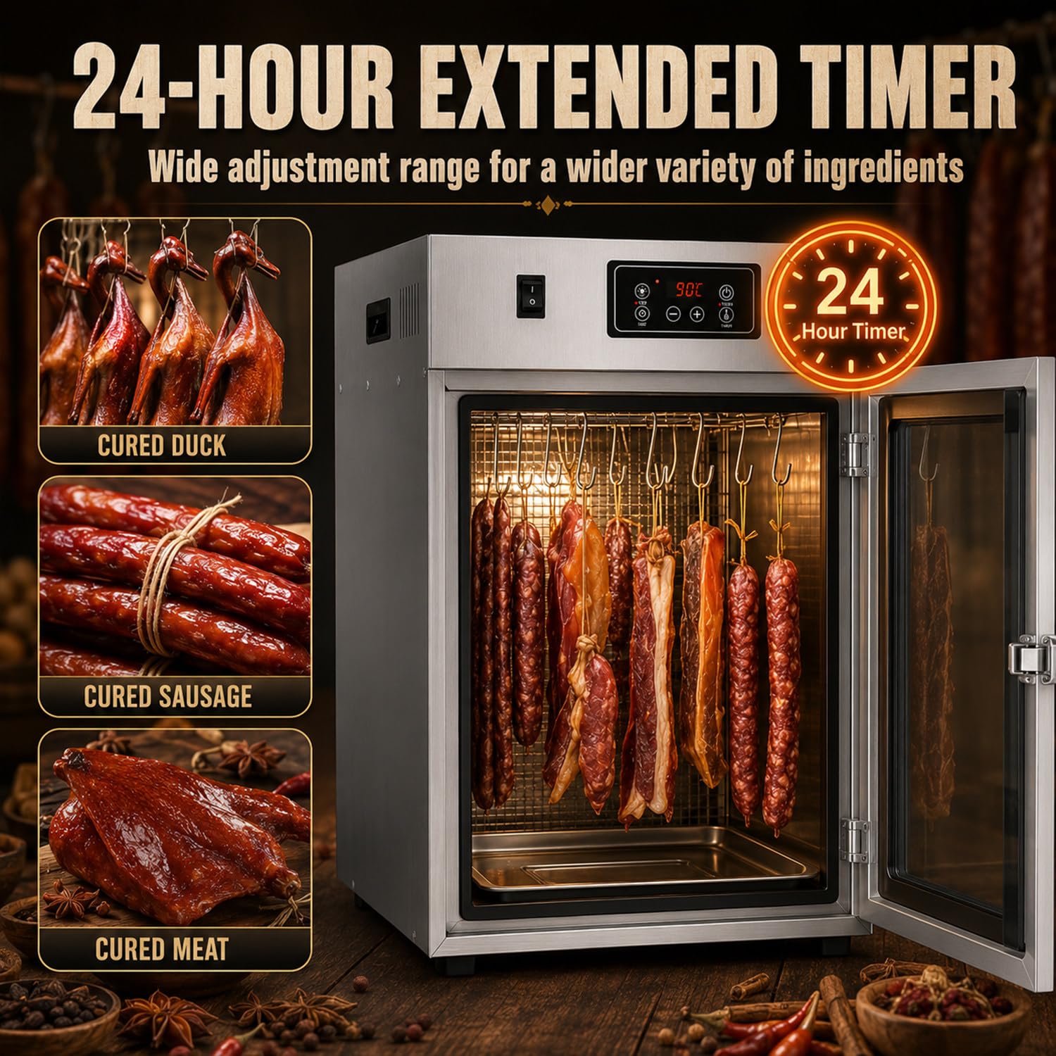 Reifeschrank Für Fleisch, Drehbarer Fleischtrockner, Dry Ager Reifeschrank, Edelstahl, 0–90 °c Einstellbar, Mit 14 Haken Und LED-Bedienfeld, 7,5 Kg Fassungsvermögen, Für Wurst, Bacon, Hähnchen