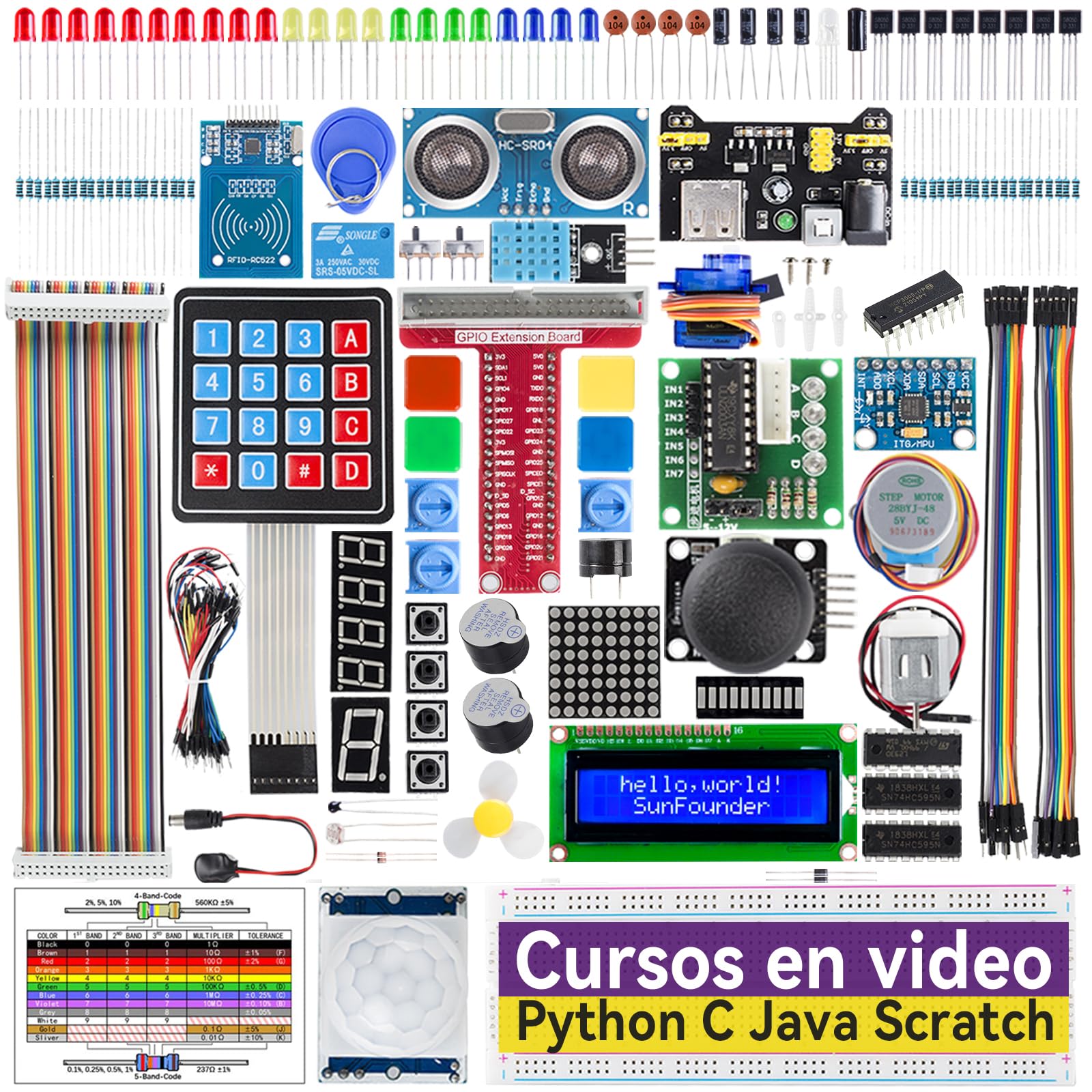 SunFounder Da Vinci Starter Kit pour Raspberry Pi 5 4B 3B B+ 400, Zero 2 W, Python C Java Scratch Node.js, Tutoriels en Ligne et Cours vidéo pour débutants et Experts (Raspberry PI Non Inclus)
