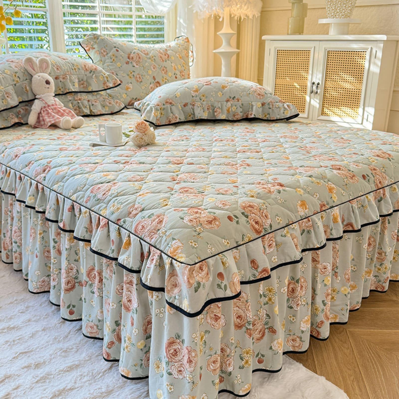 Odot Valance Fitted Sheet, Extra Deep Fitted Valance Sheets Single Double King Size Quilted Bedsheet with Skirt Soft Microfibre Frilled Bedsheets Easy Care (Floral,120x200cm)