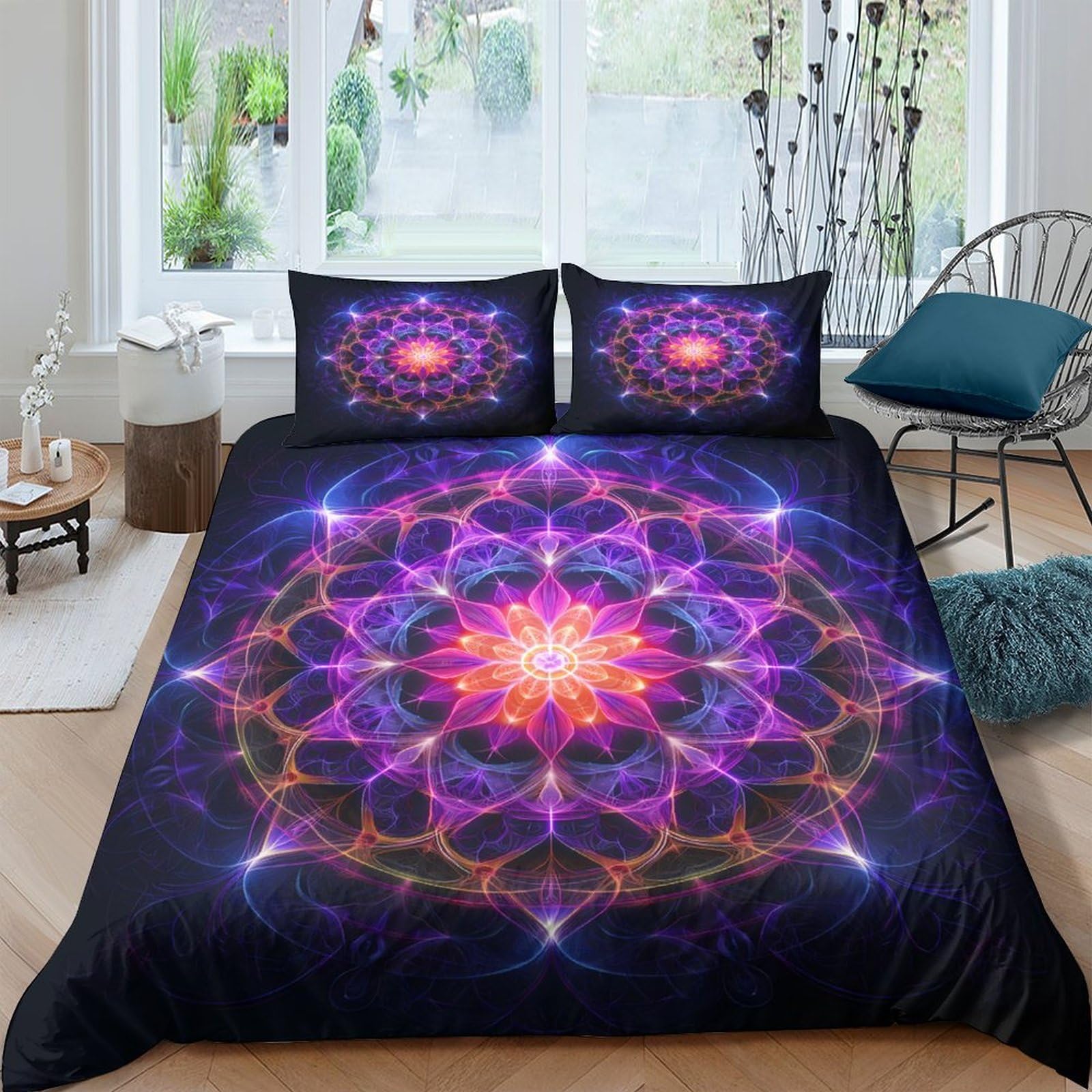 GPLZQXKJNH 3D Printed Mandala Purple Duvet Cover Microfiber Soft Breathable Sacred Geometry Bedding Set with 2 Pillowcases for Bedroom Decor Single（135x200cm）