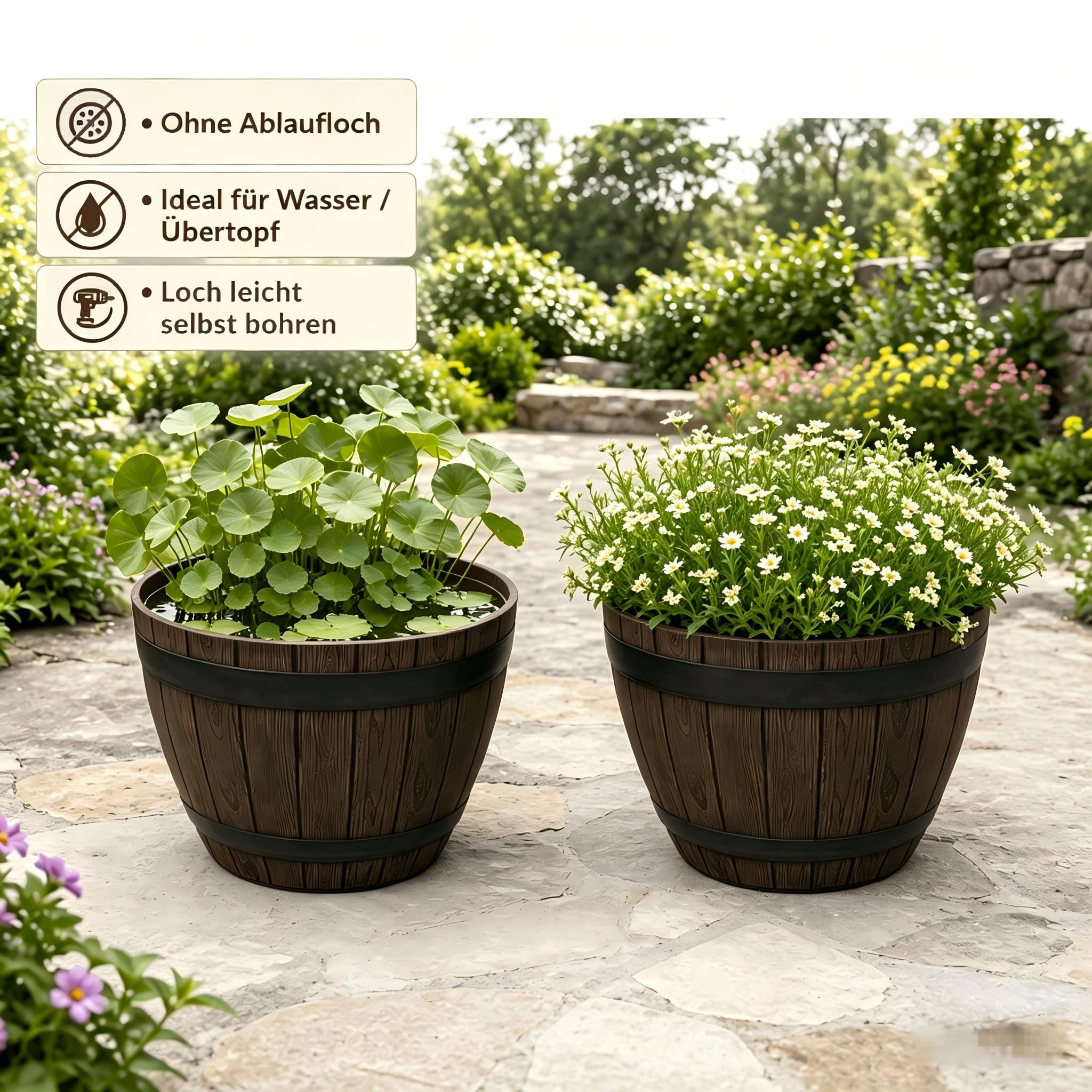Pot de Fleur Extérieur en Plastique Imitation Bois – Design Tonneau – Ø38 cm – Léger, Résistant Gel & UV, Décoration Jardin & Balcon – Couleur Châtaigne