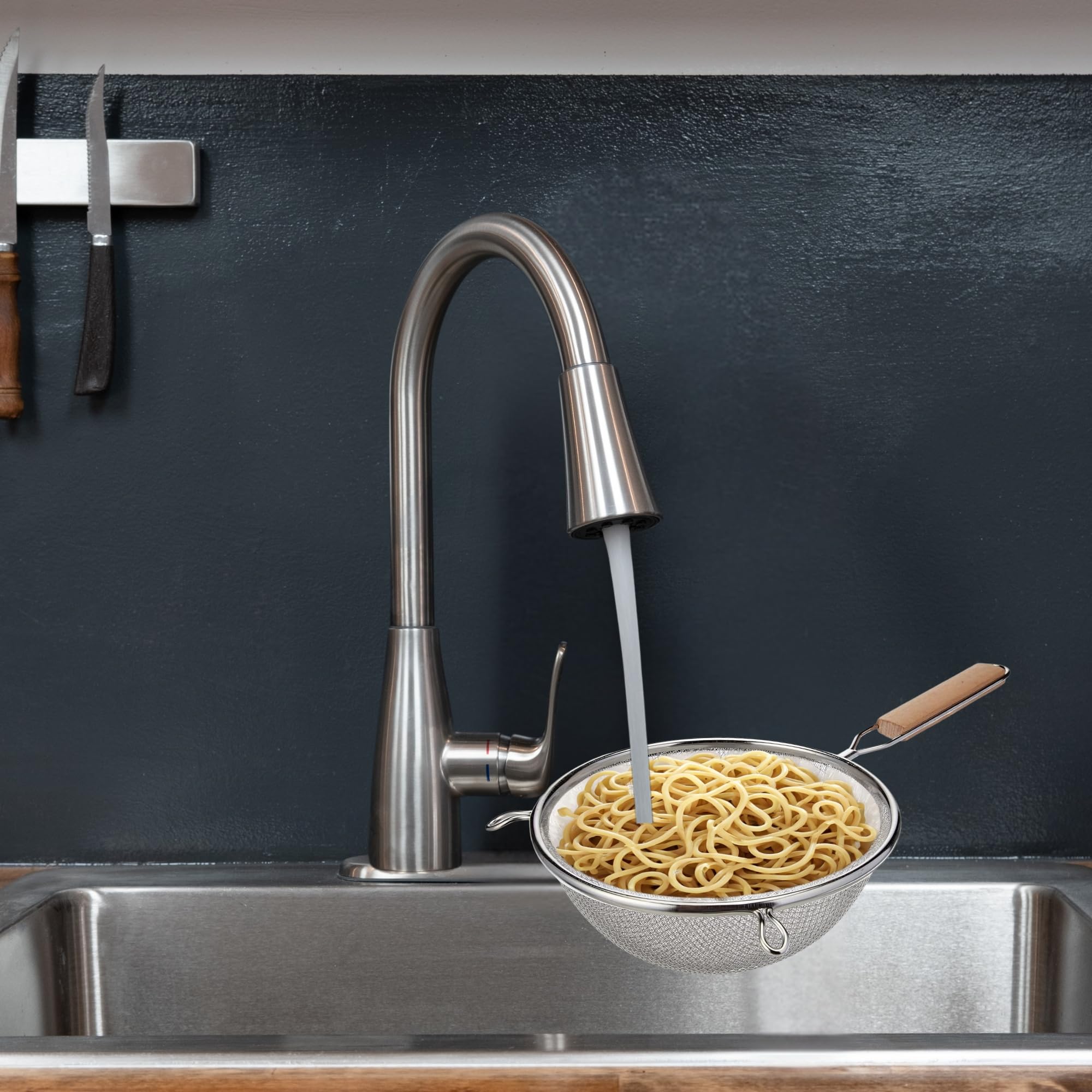 Fonteme Stainless Steel Strainer with Double Fine Mesh, 8-Inch Fine Sieve for Kitchen, Medium Size, Tan Handle, Durable Food Strainer for Cooking, Pasta, Rice, Tea, 1 Pack