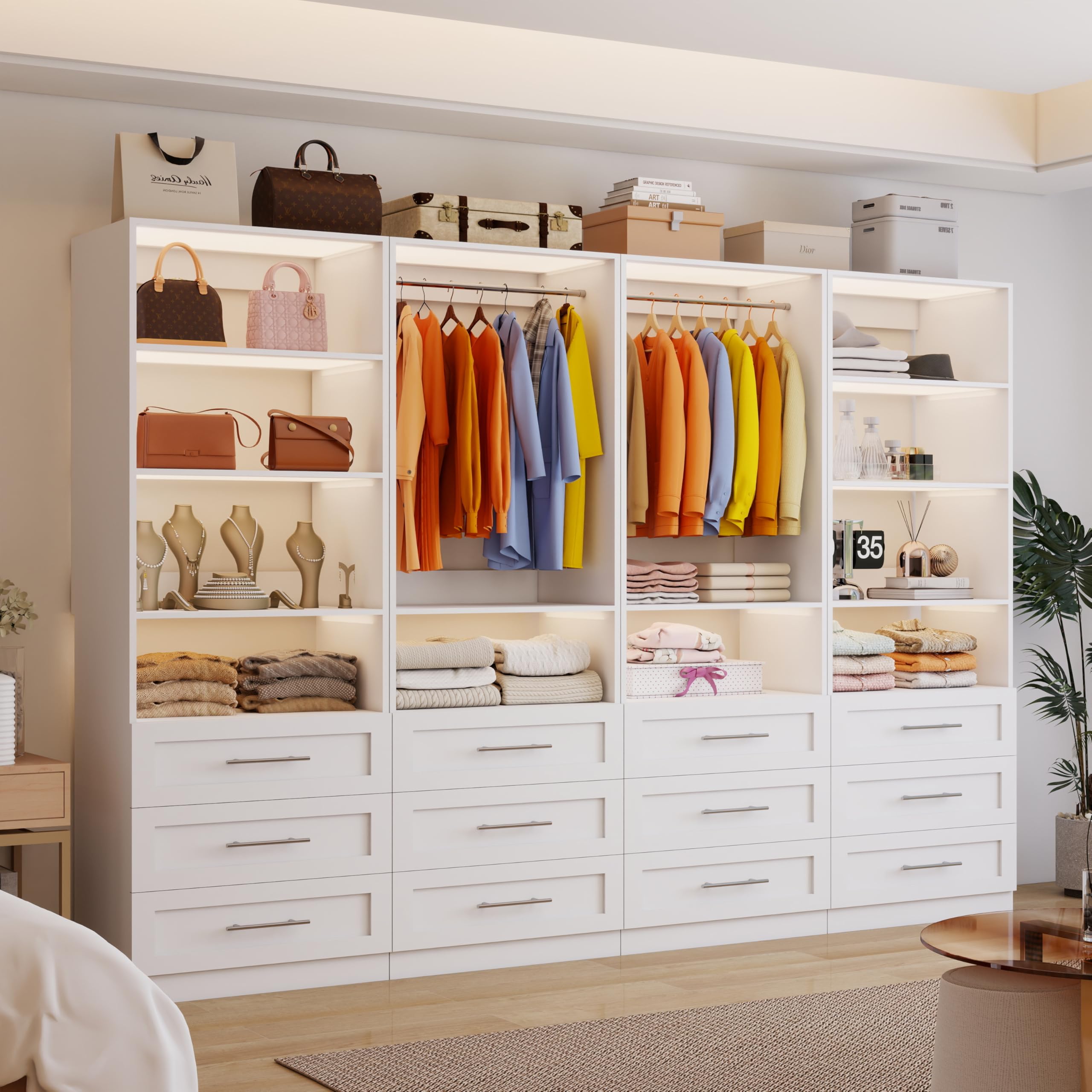 Closet System with 12 Wooden Drawers, 8-21F Closet Organizer System, Walk-in Closet or Small Closet System with Shelves, Modular Closet Systems with 6 Expandable Hanging Rods, 4 Sets, White